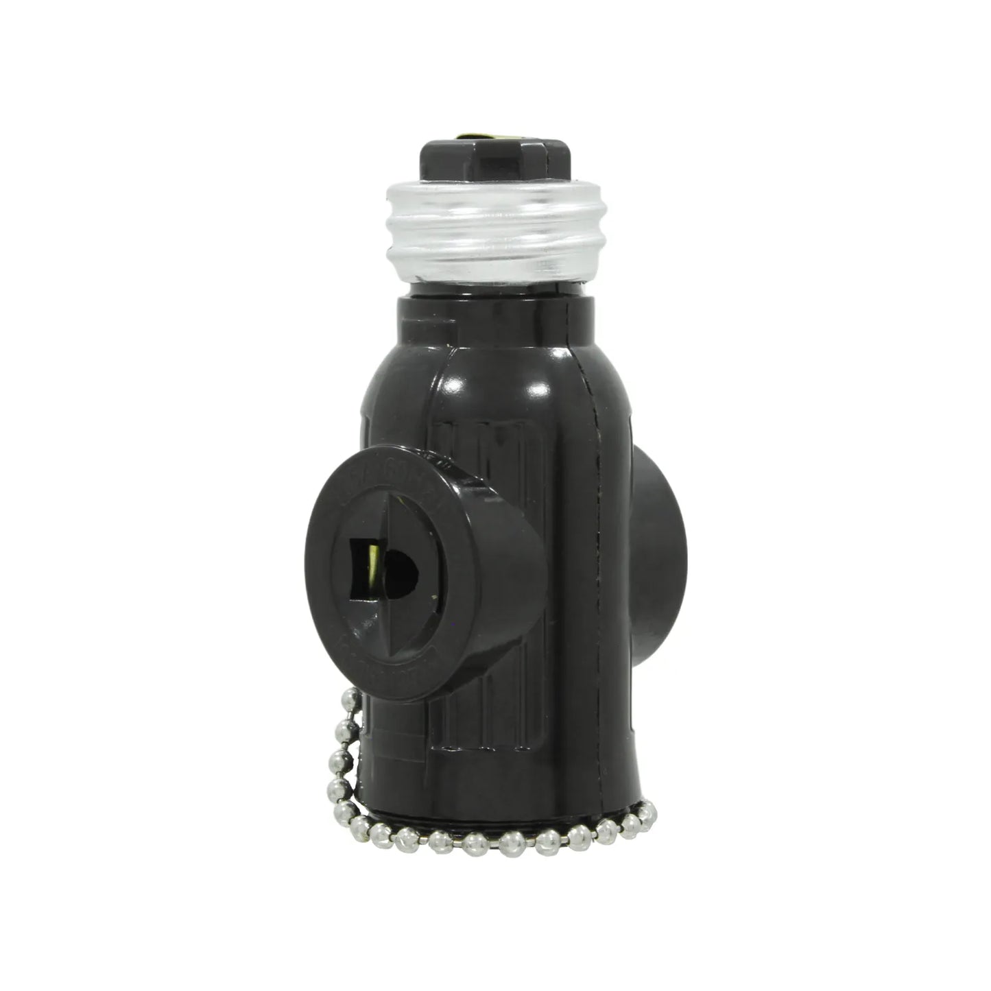 Adaptador de socket negro con cadena y dos contactos laterales para foco y conexión de accesorios eléctricos.