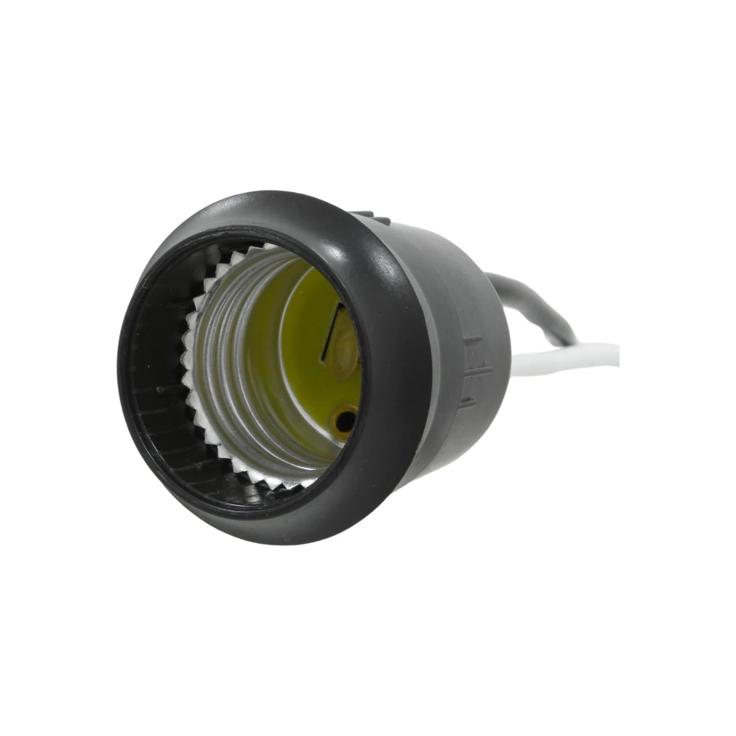 Socket de intemperie negro para foco E27, con rosca interior metálica y cableado eléctrico blanco