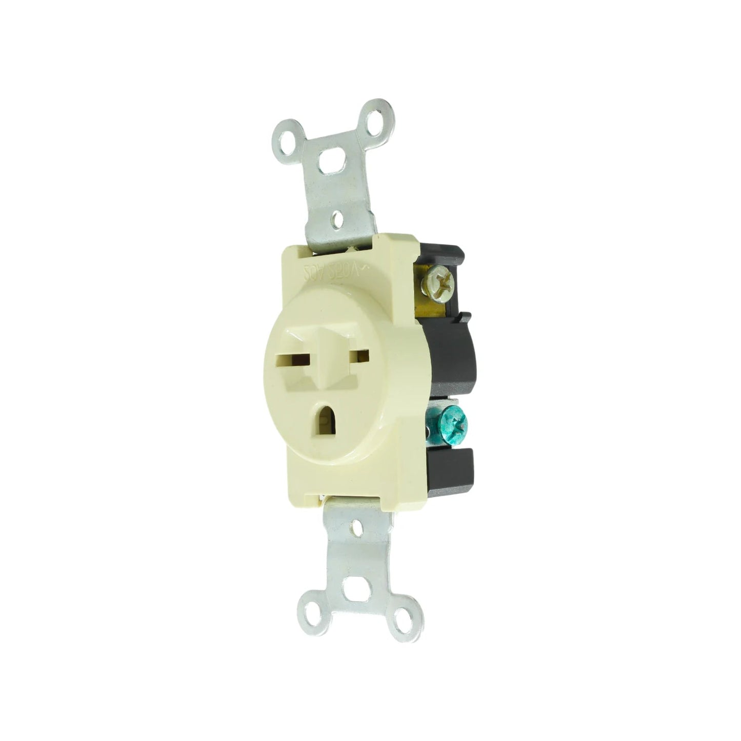 Contacto sencillo 20A 125V aterrizado NEMA 5-20R color marfil para instalaciones eléctricas residenciales.