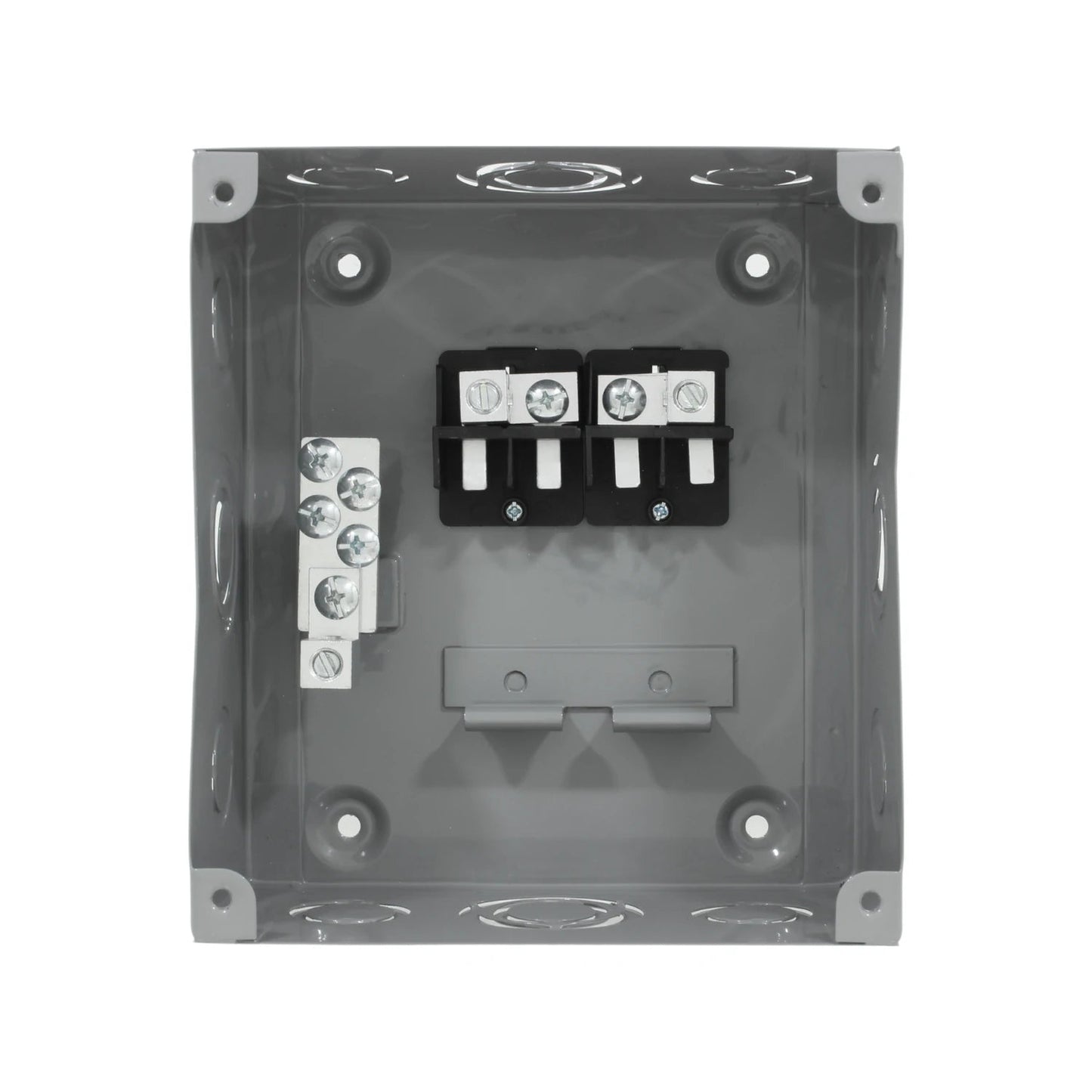 Centro de carga eléctrico gris para 4 pastillas con terminales de conexión y barra de tierra