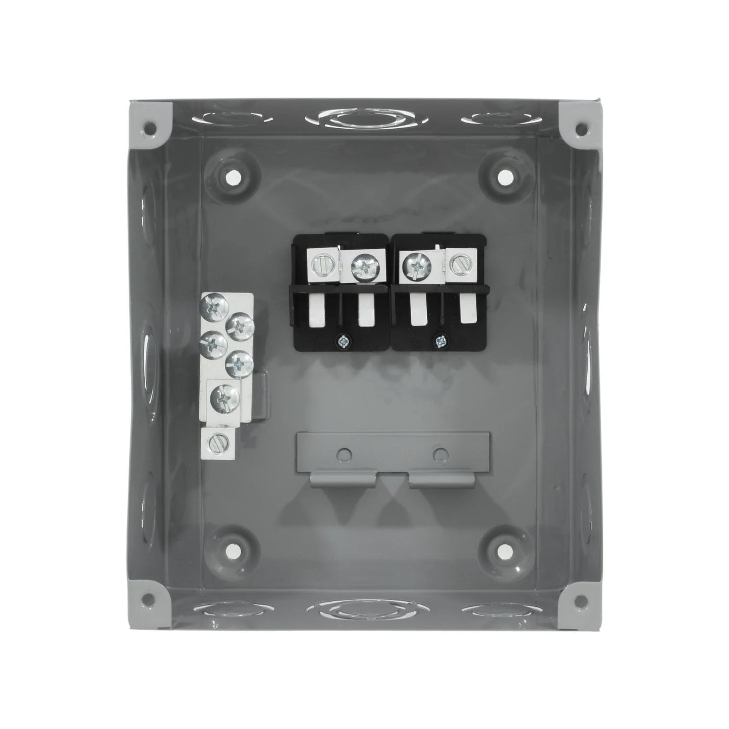 Centro de carga de sobreponer gris, caja metálica con terminales eléctricas para 4 pastillas