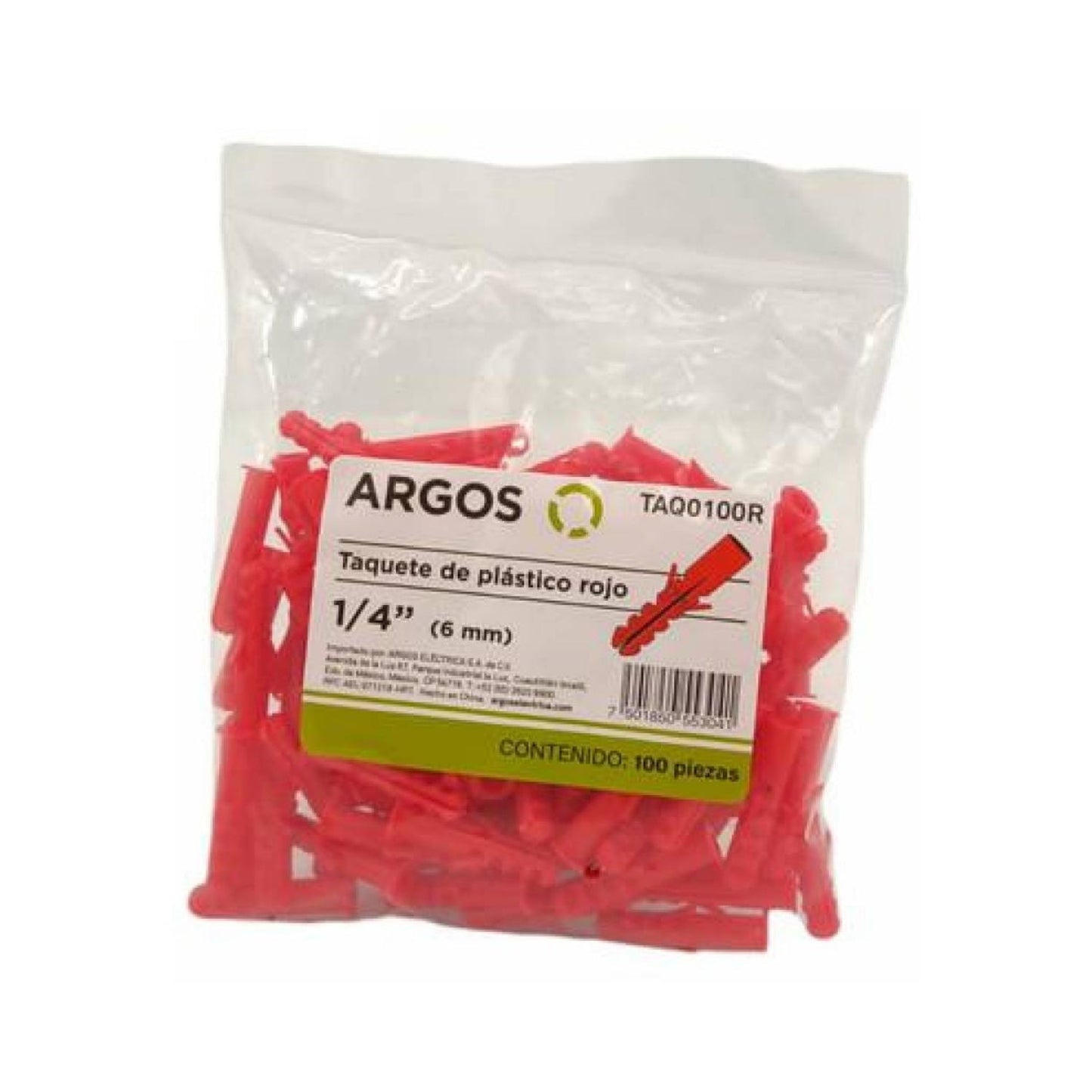Taquetes de plástico rojo Argos 1/4 pulgada (6mm) para anclaje en pared, bolsa con 100 piezas.