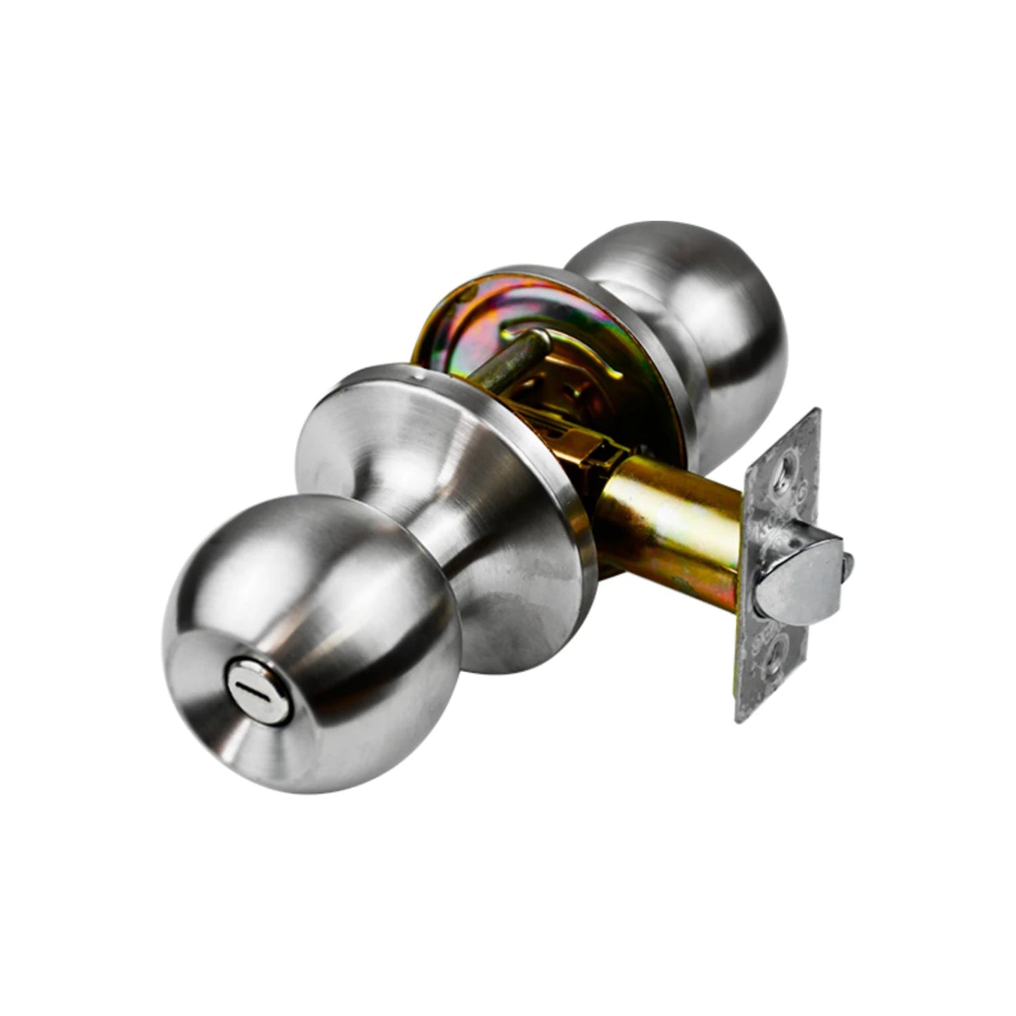 Cerradura de esfera metálica con llave, acabado acero inoxidable cepillado, para puertas residenciales.