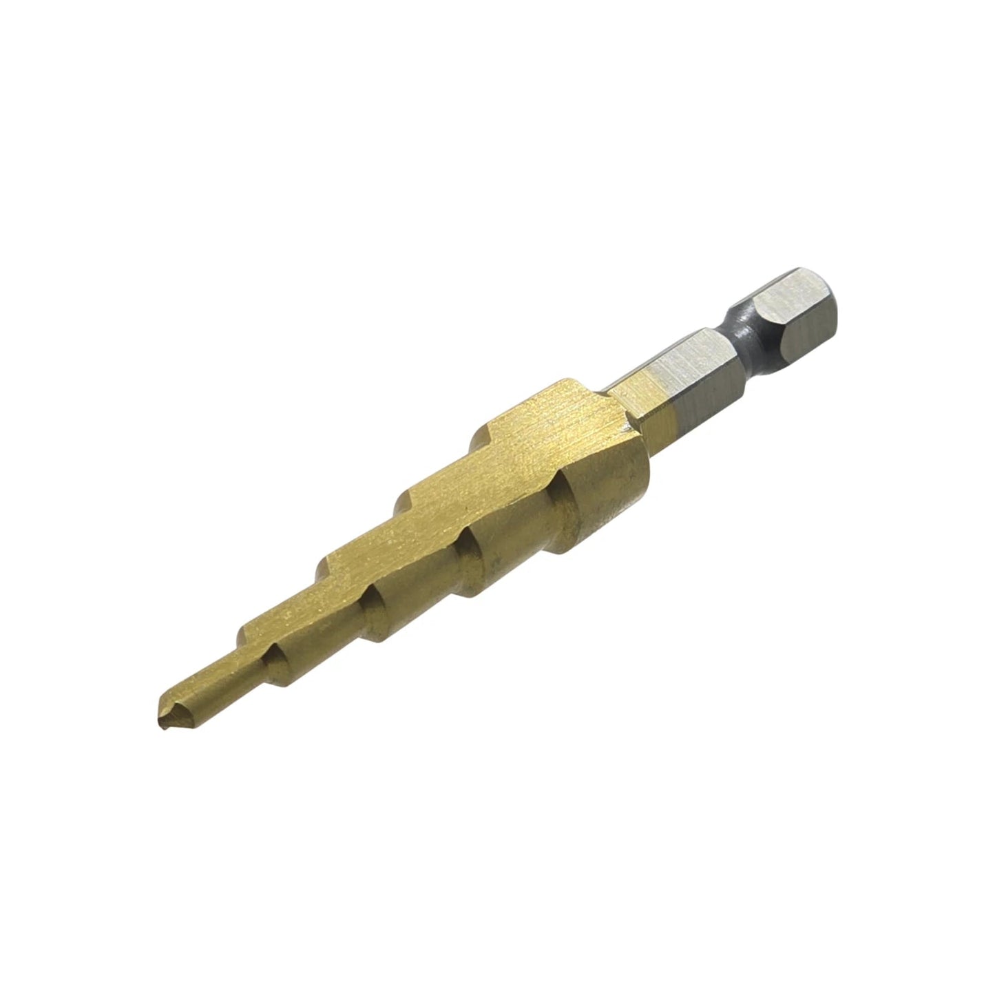 Broca escalonada para metal 5/32" a 15/32" dorada con vástago hexagonal para perforación precisa
