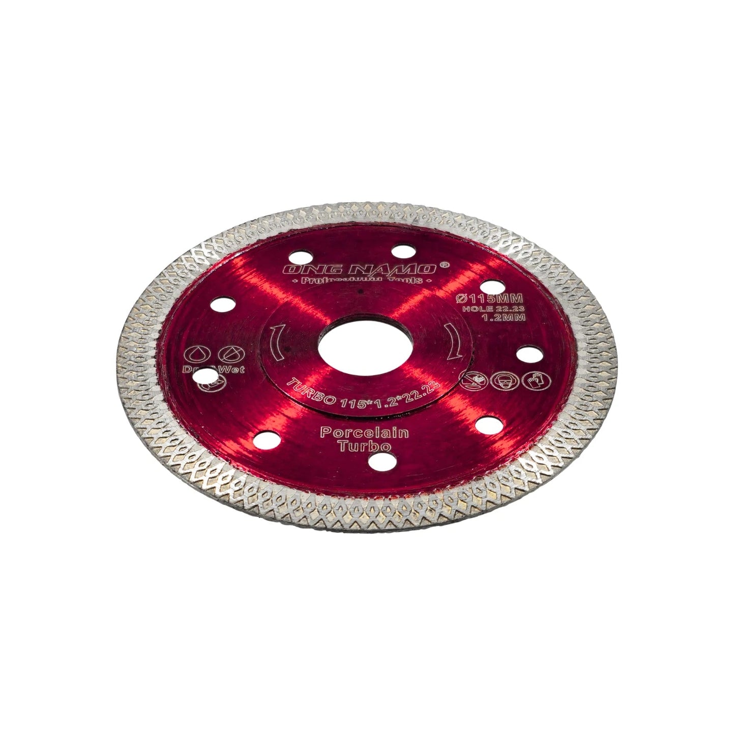 Disco de corte diamantado Ong Namo 115mm (4 1/2") para porcelana, turbo rojo 1.2mm, uso seco/húmedo.