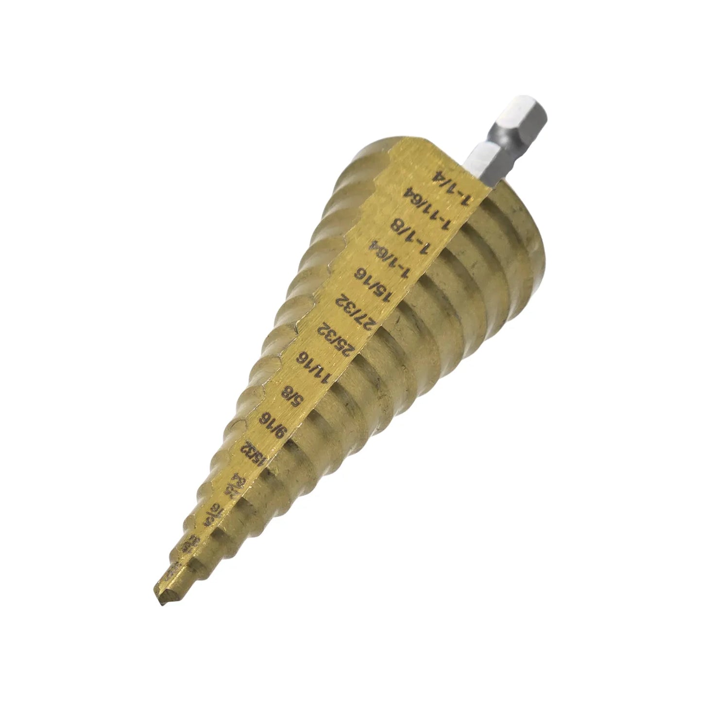 Broca escalonada de titanio con zanco hexagonal y medidas de 1/4 a 1-1/4 pulgadas para perforar metal y plástico.