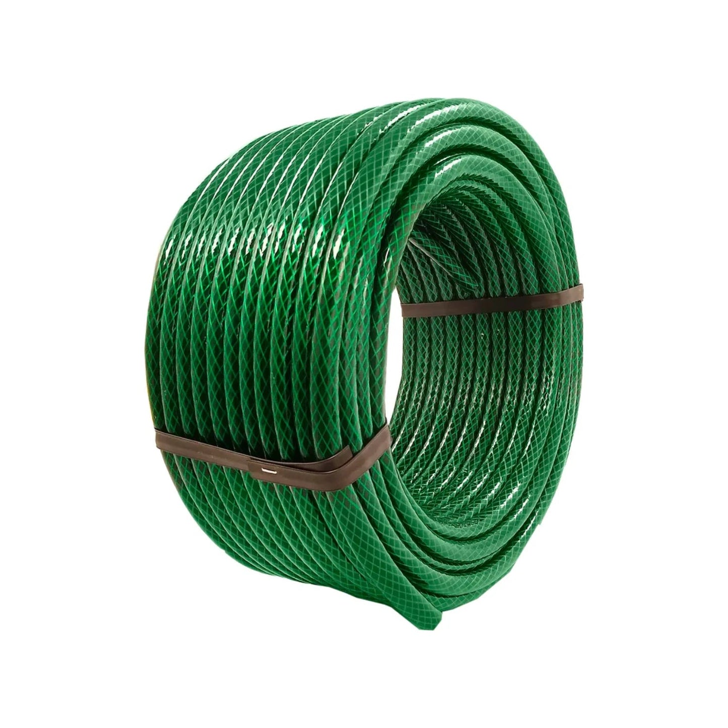 Manguera de jardín tramada verde, enrollada, 1/2 pulgada, 50 metros, para riego y limpieza exterior.