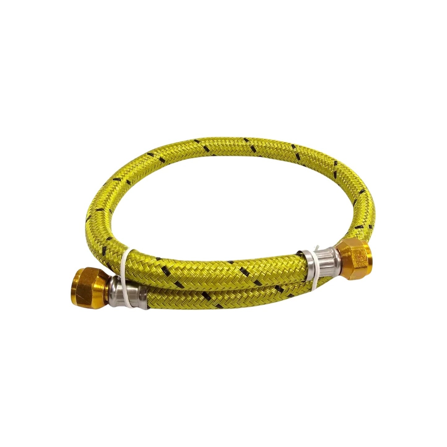 Manguera flexible trenzada amarilla para gas de 60 cm con puntos negros y conexiones de latón