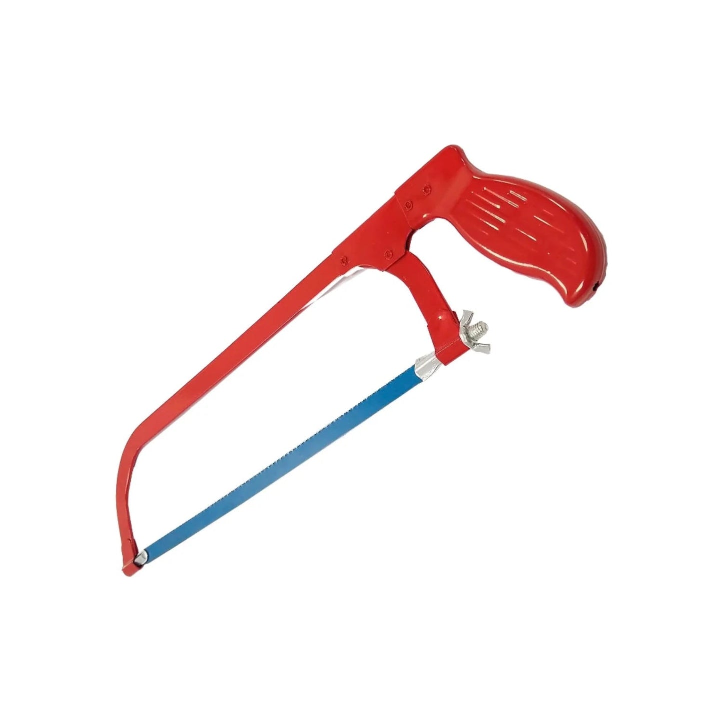 Arco de segueta rojo con mango ergonómico y hoja de sierra azul, para corte de metales
