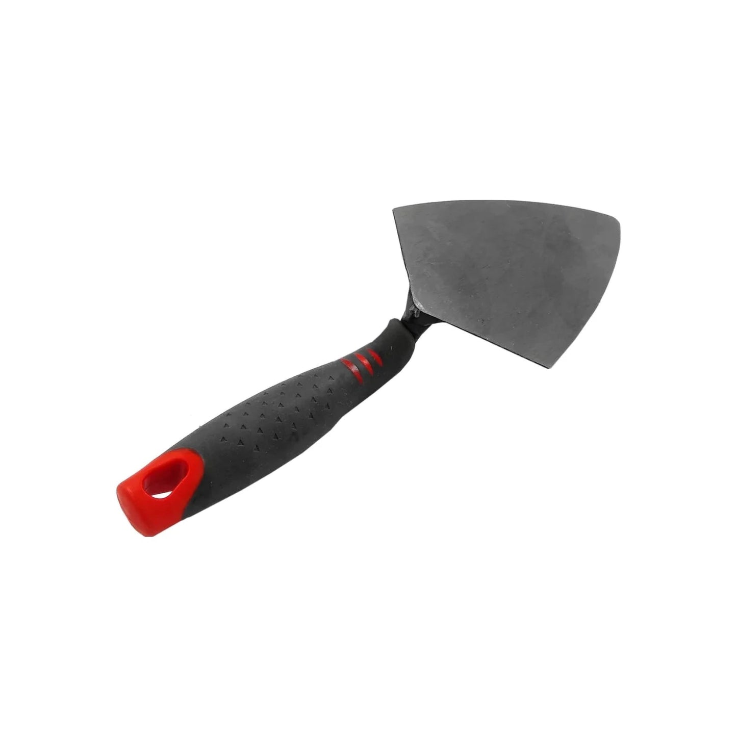 Cuchara de albañil con hoja curva gris y mango bimaterial ergonómico negro y rojo.