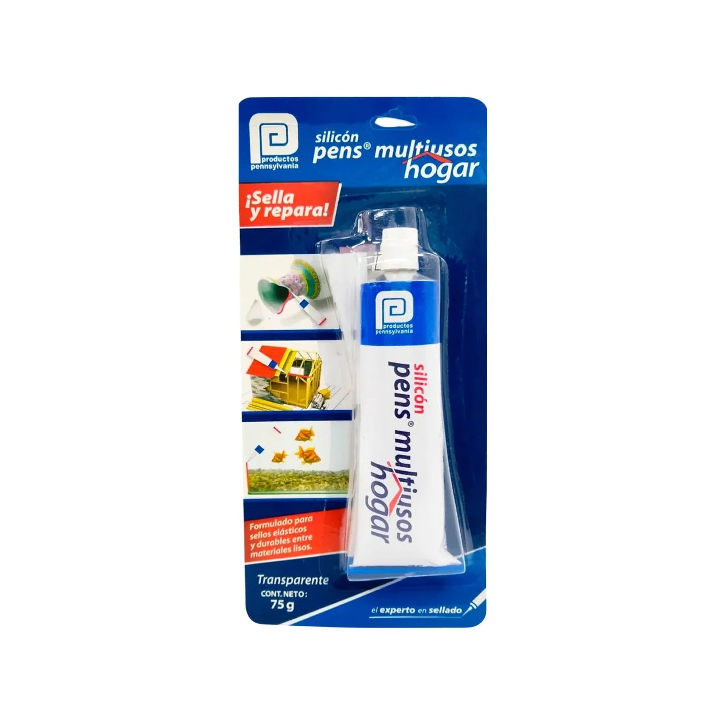 Silicón transparente multiusos Pennsylvania 75g para sellar y reparar en hogar. Sellador elástico para materiales lisos.