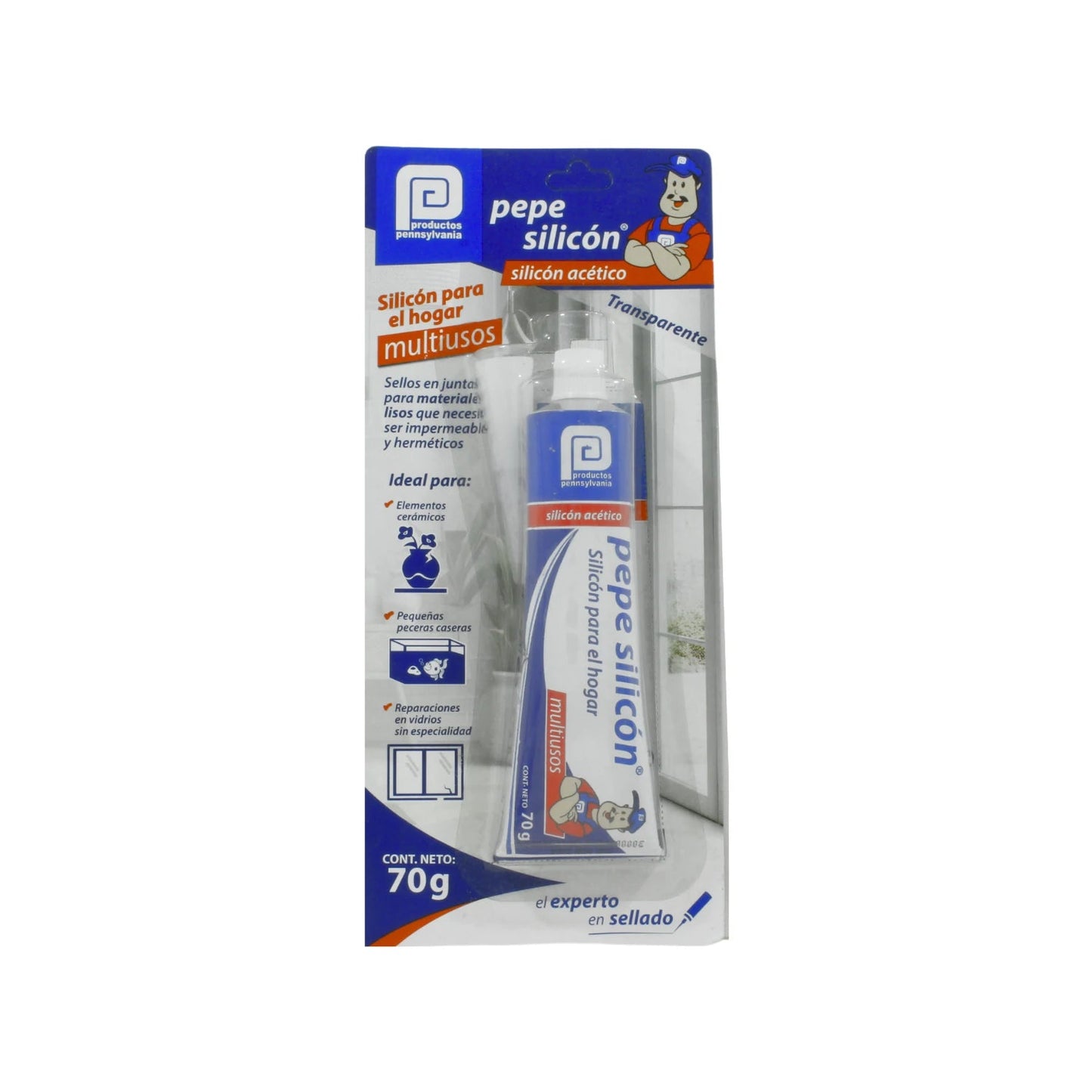 Sellador silicón acético transparente 70g multiusos Pennsylvania para vidrio, cerámica y hogar