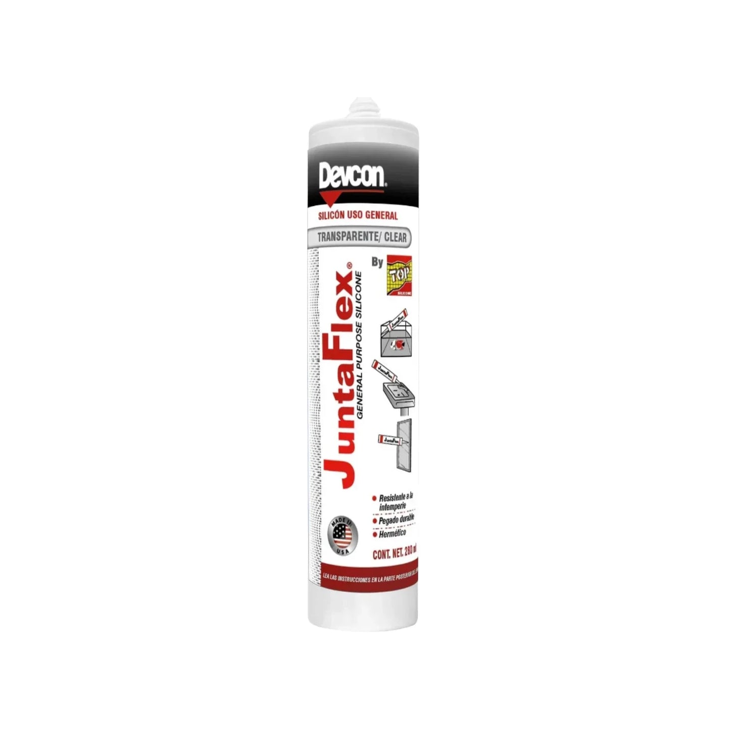 Silicón transparente Devcon Juntaflex uso general 280 ml, sellador adhesivo hermético, resistente a intemperie