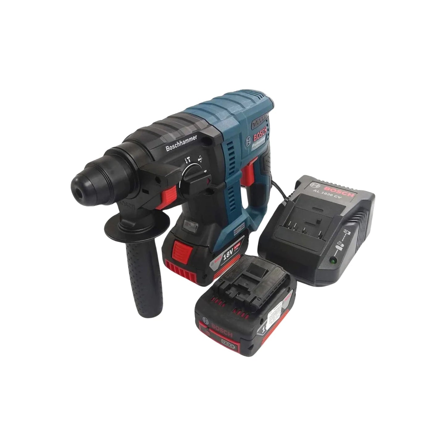 Martillo perforador inalámbrico Bosch 18V azul/negro, con 2 baterías, cargador y empuñadura auxiliar