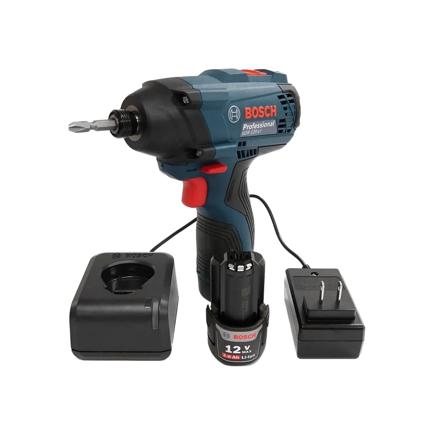 Atornillador de impacto inalámbrico Bosch GDR 120-LI 12V con batería, cargador y punta. Colores azul, negro.