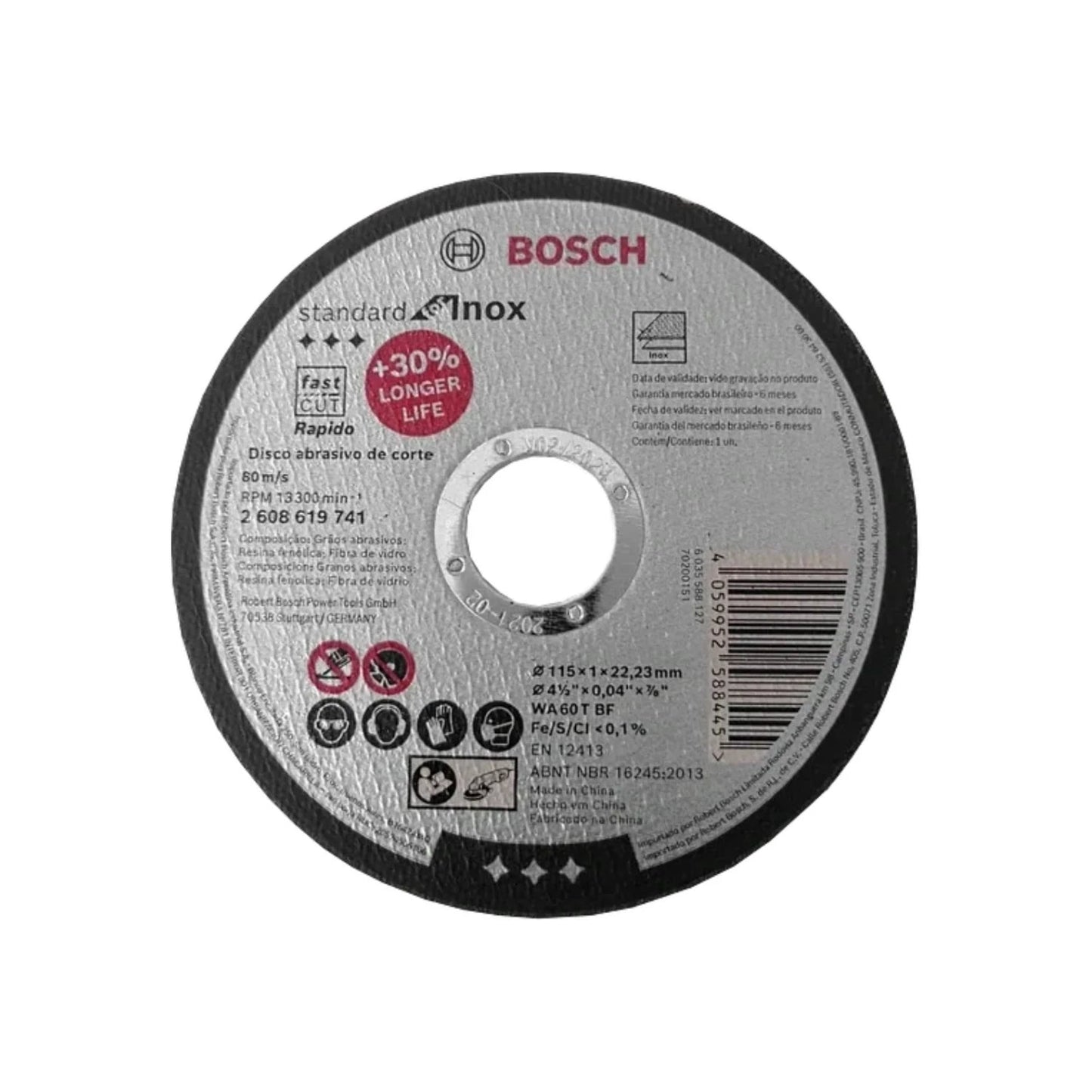 Disco de corte Bosch Inox 4 1/2" (115mm) para acero inoxidable, corte rápido, larga vida útil, espesor 1mm.