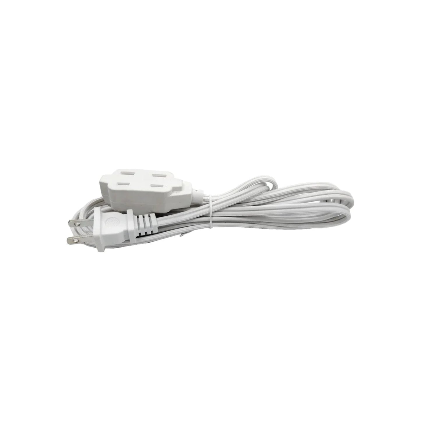 Extensión eléctrica blanca con clavija de 2 polos y multicontacto de 3 salidas, cable enrollado
