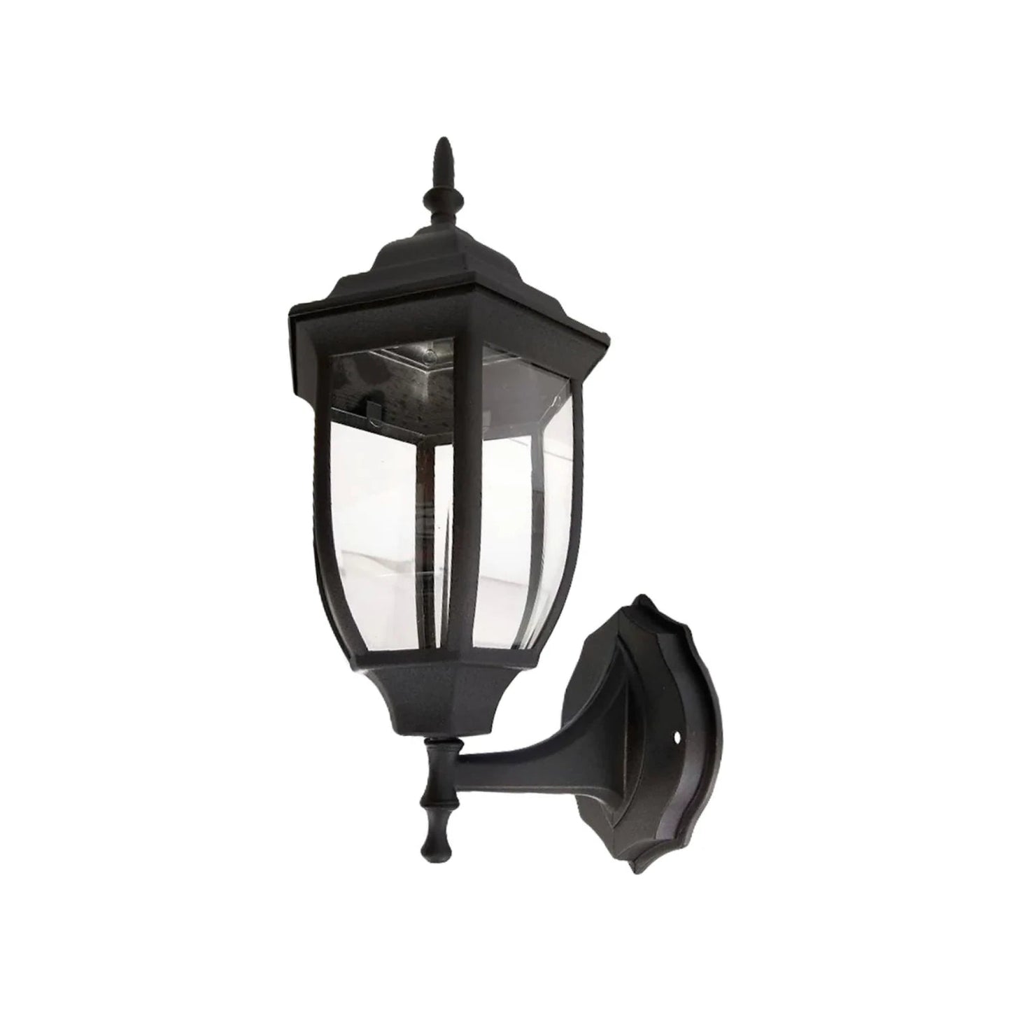 Lámpara farol clásico negro de pared con soporte decorativo y paneles de vidrio transparente