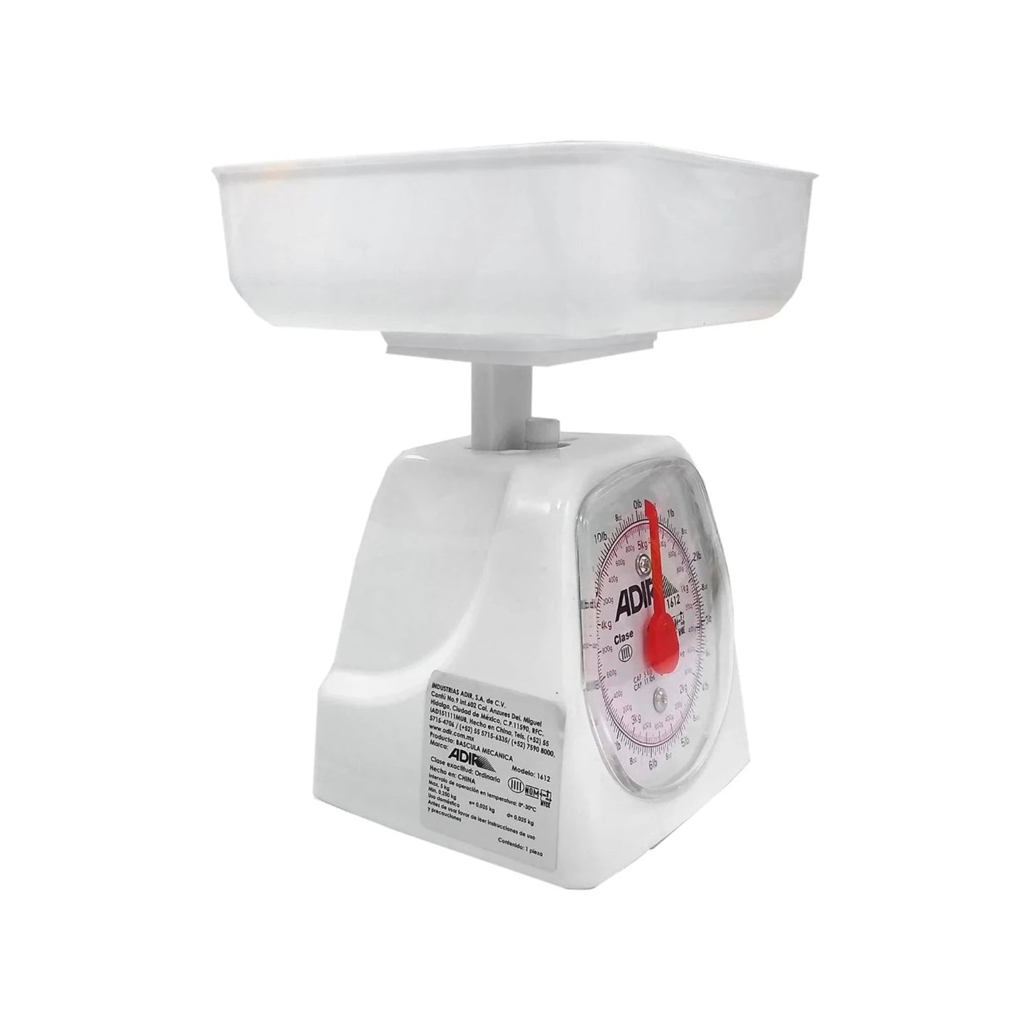 Báscula de cocina mecánica Adir 1612 blanca con charola plástica, 5 kg de capacidad para alimentos.