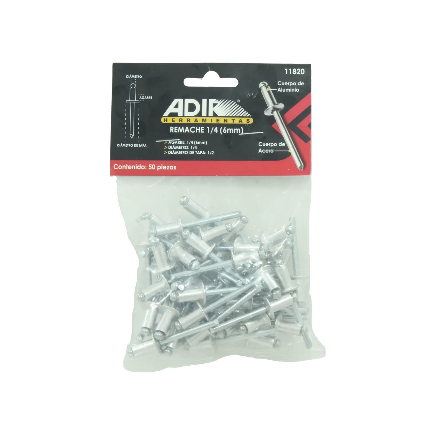 Remache 1/4"x1/2"x1/4" (06 mm) 50 piezas Adir 11820