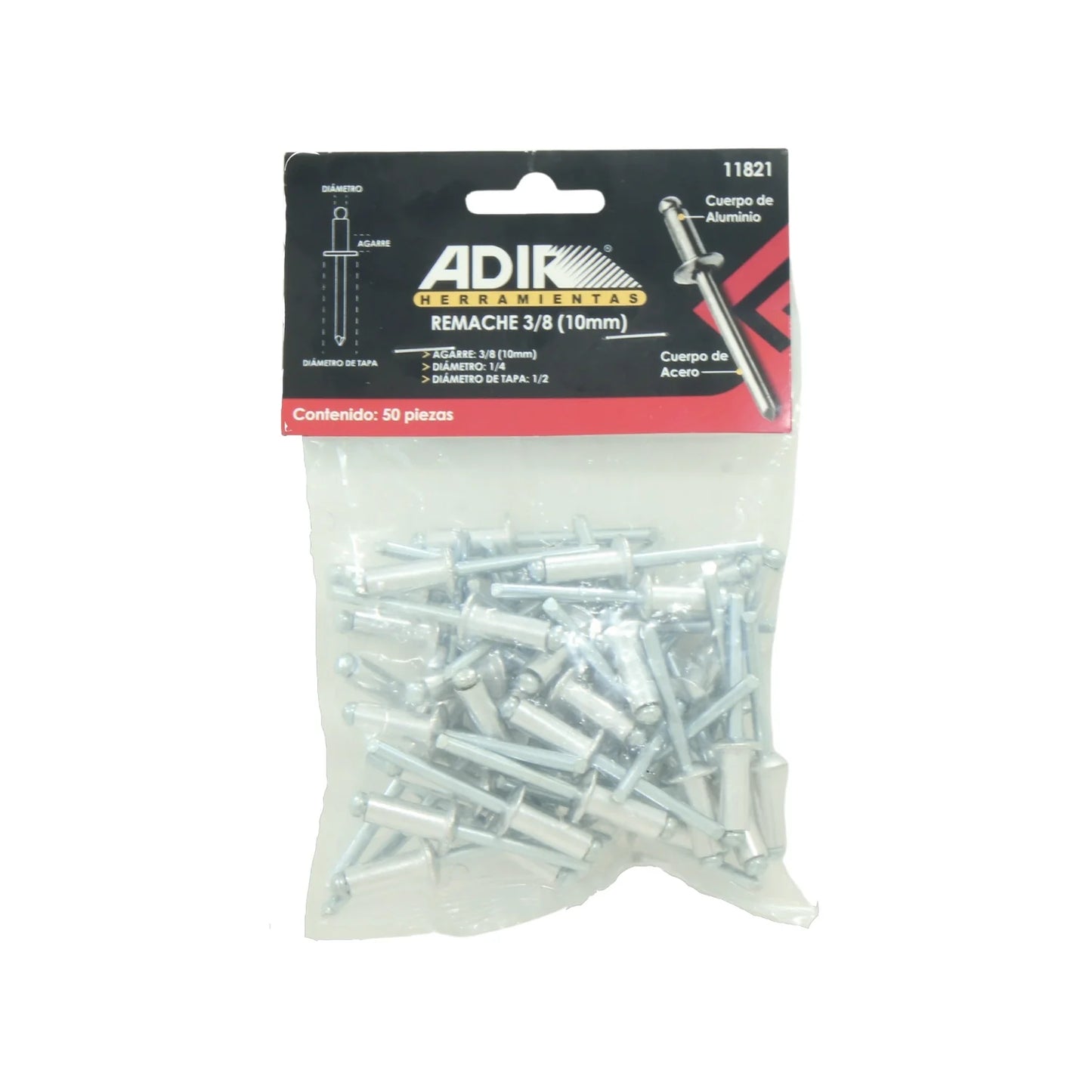 Remache 1/4"x1/2"x3/8" (10 mm) 50 piezas Adir 11821