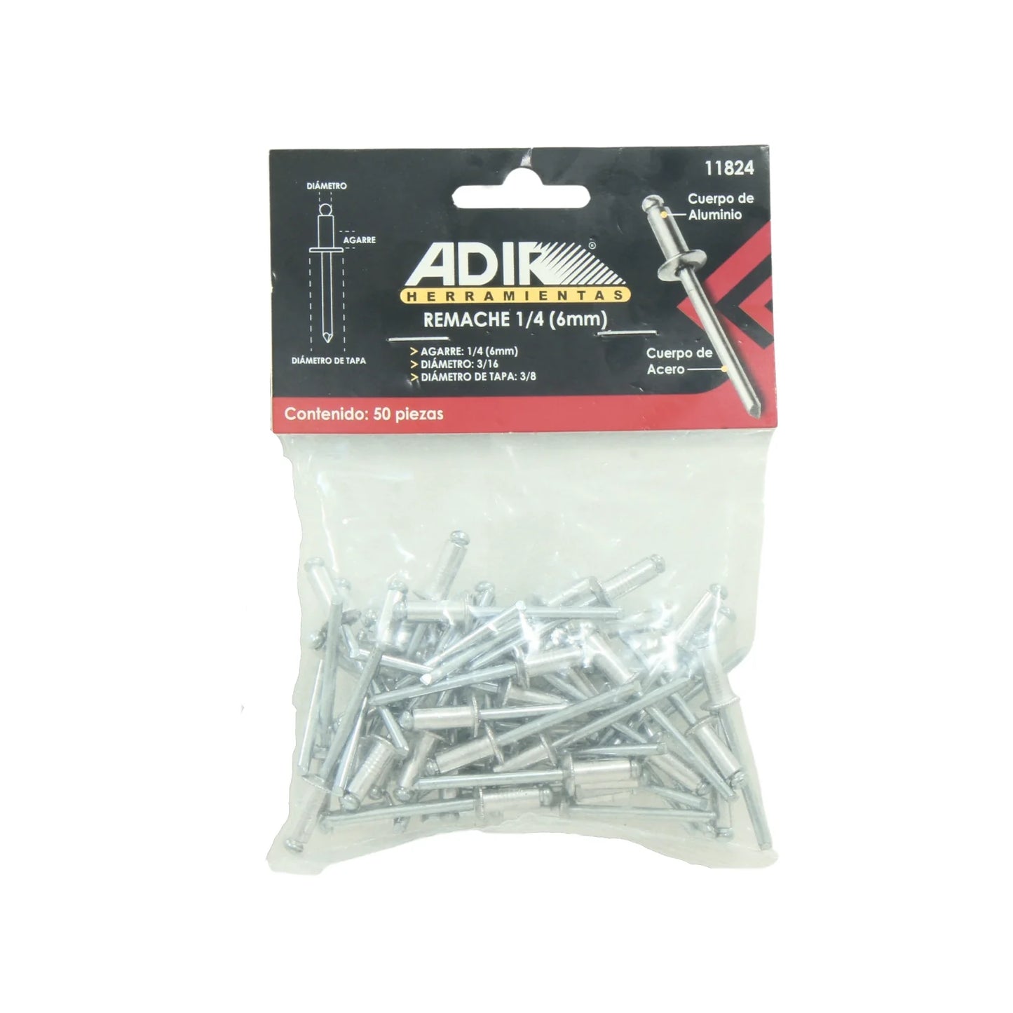 Remache 3/16"x3/8"x1/4" (6 mm) 50 piezas Adir 11824