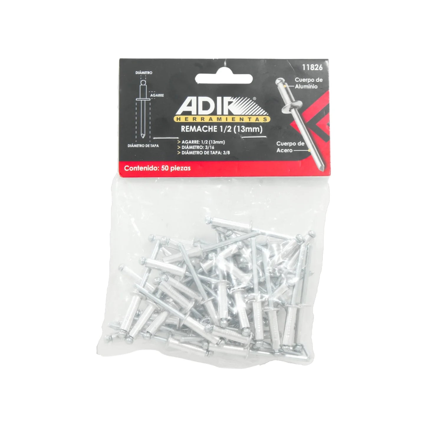 Remache 3/16"x3/8"x1/2" (13 mm) 50 piezas Adir 11826