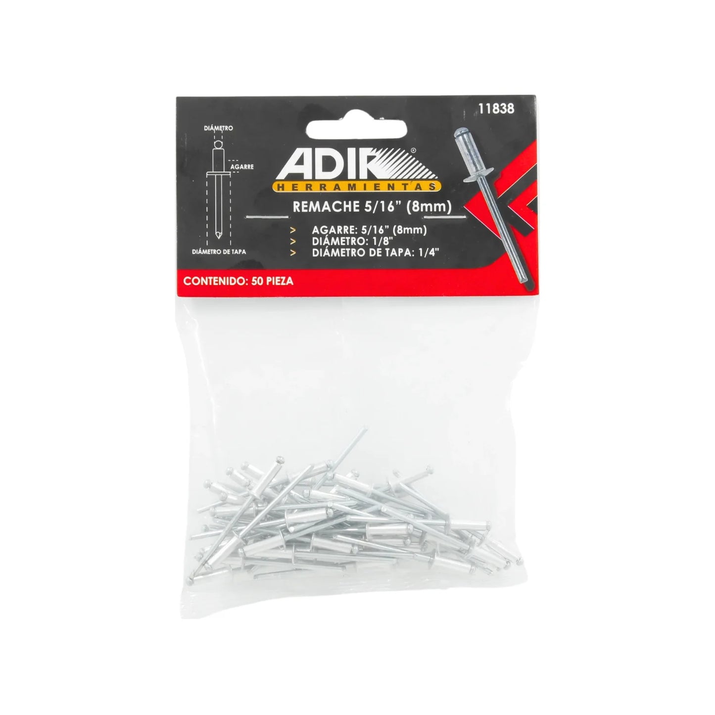 Remache 1/8"x1/4"x5/16" (8 mm) 50 piezas Adir 11838