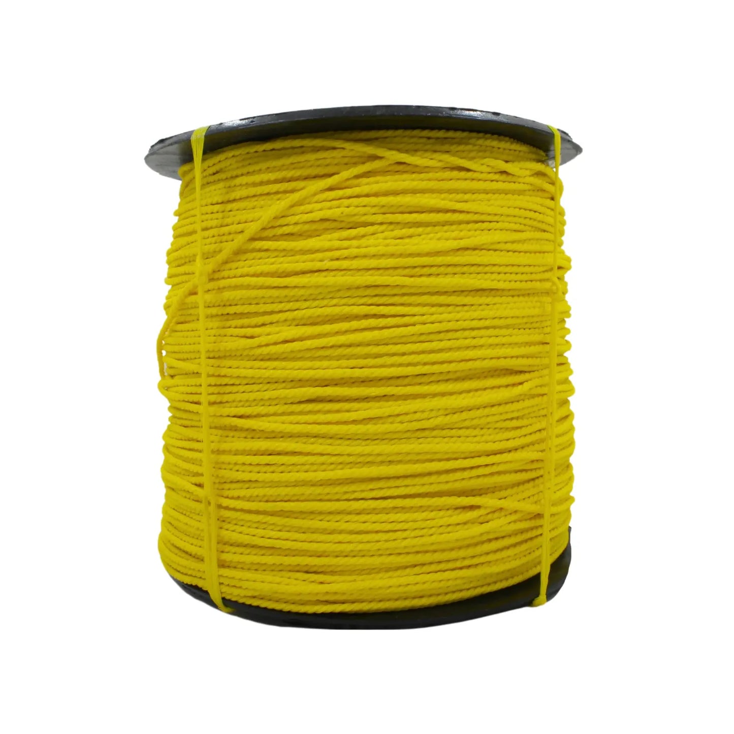 Carrete de cuerda de polipropileno color amarillo, alta resistencia, ideal para amarre, construcción y usos industriales.