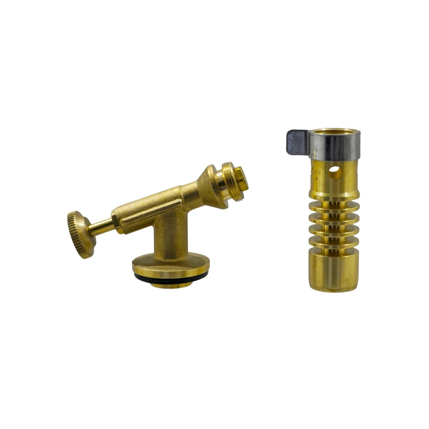 Componentes de boquilla para soplete de latón: válvula de control con perilla y quemador con aletas, color dorado.