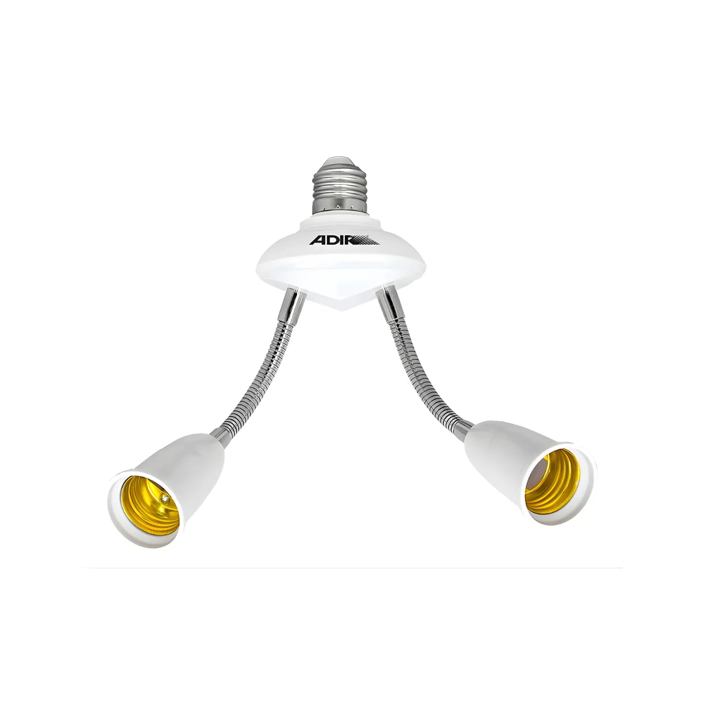 Socket doble Adir con dos brazos flexibles, adaptador de foco E27, color blanco y acabado cromado.