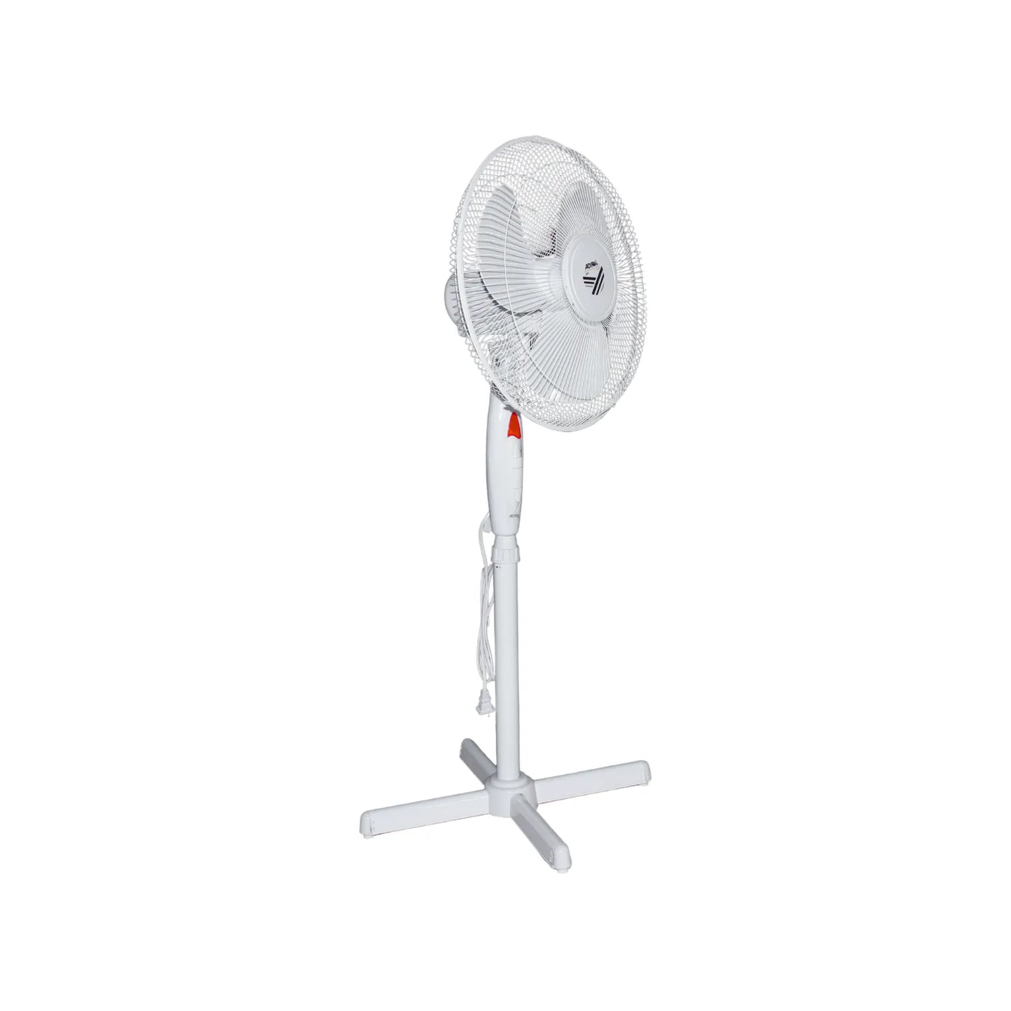 Ventilador de pedestal blanco con base en cruz de 3 velocidades y cabezal oscilante ajustable para ventilación hogareña