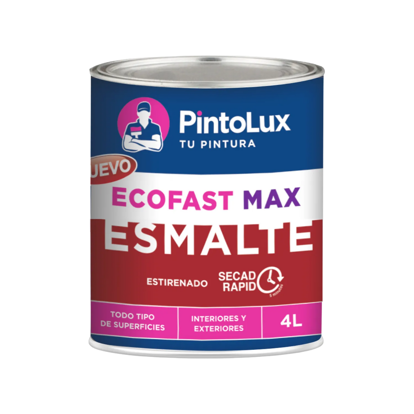 Pintura esmalte rojo PintoLux EcoFast Max 4L. Secado rápido en 5 min, para interiores, exteriores y multisuperficies.