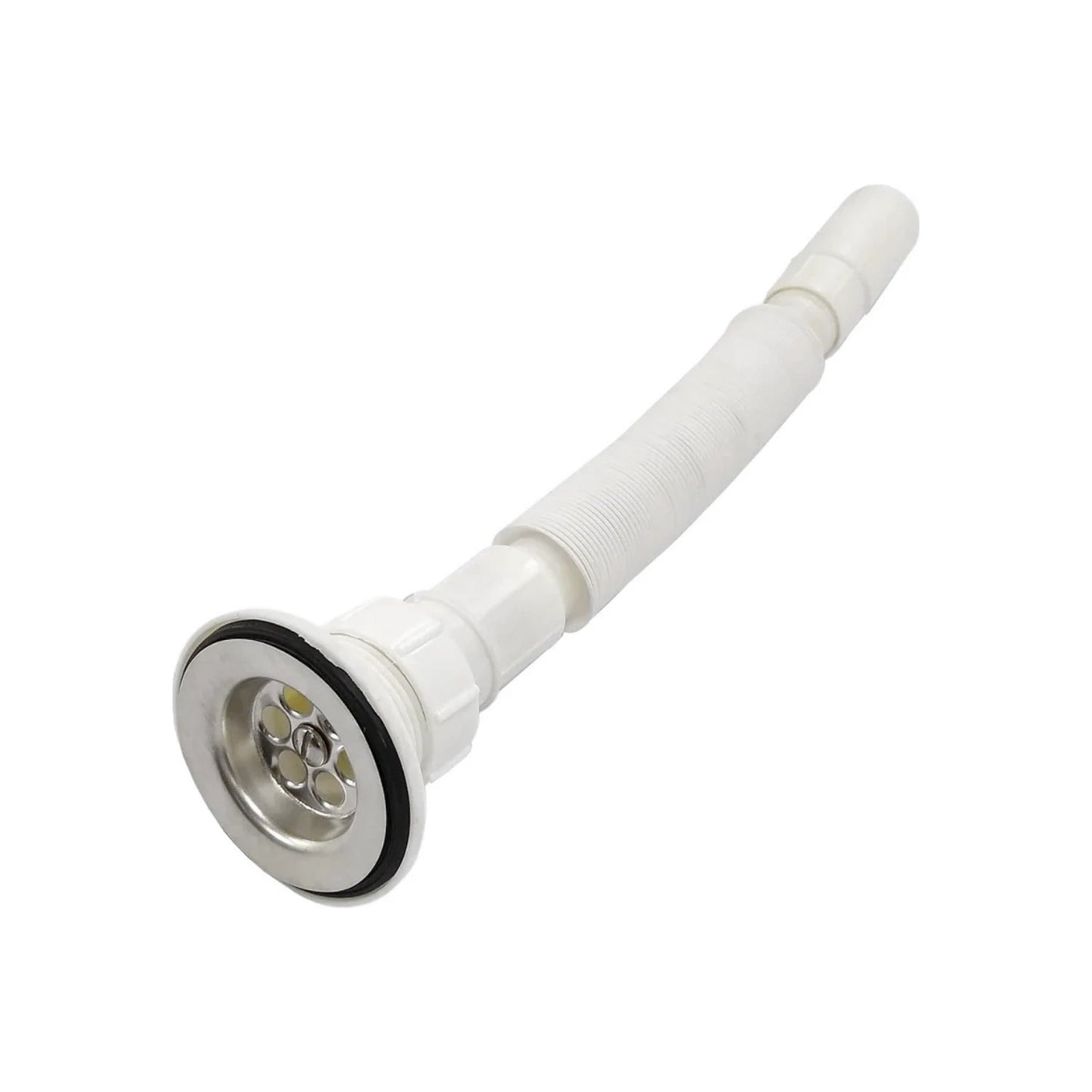 Cespol flexible blanco para lavabo, desagüe extensible con rejilla de acero inoxidable