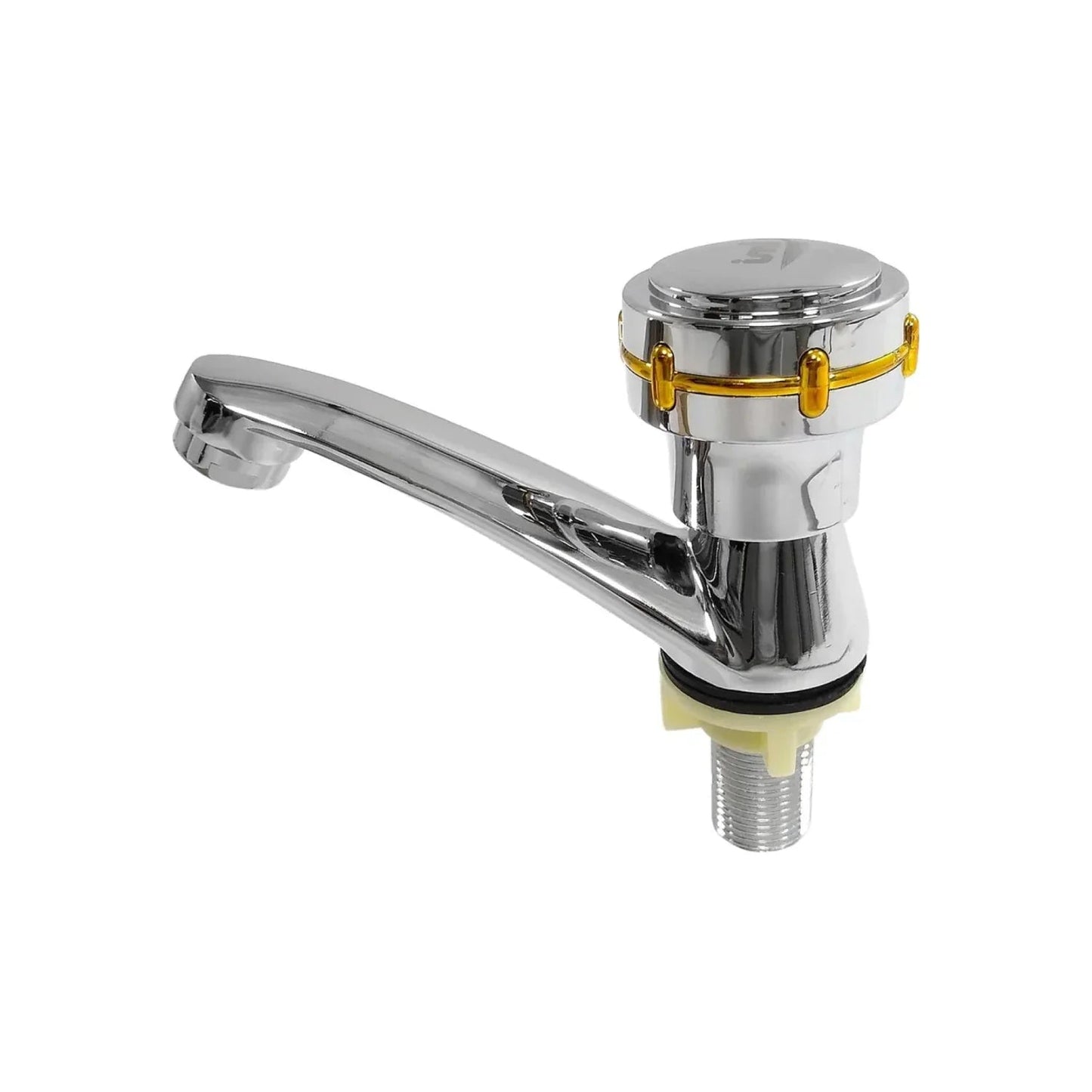 Llave individual cromada para lavabo, grifo monomando con mando superior redondo y acentos dorados.