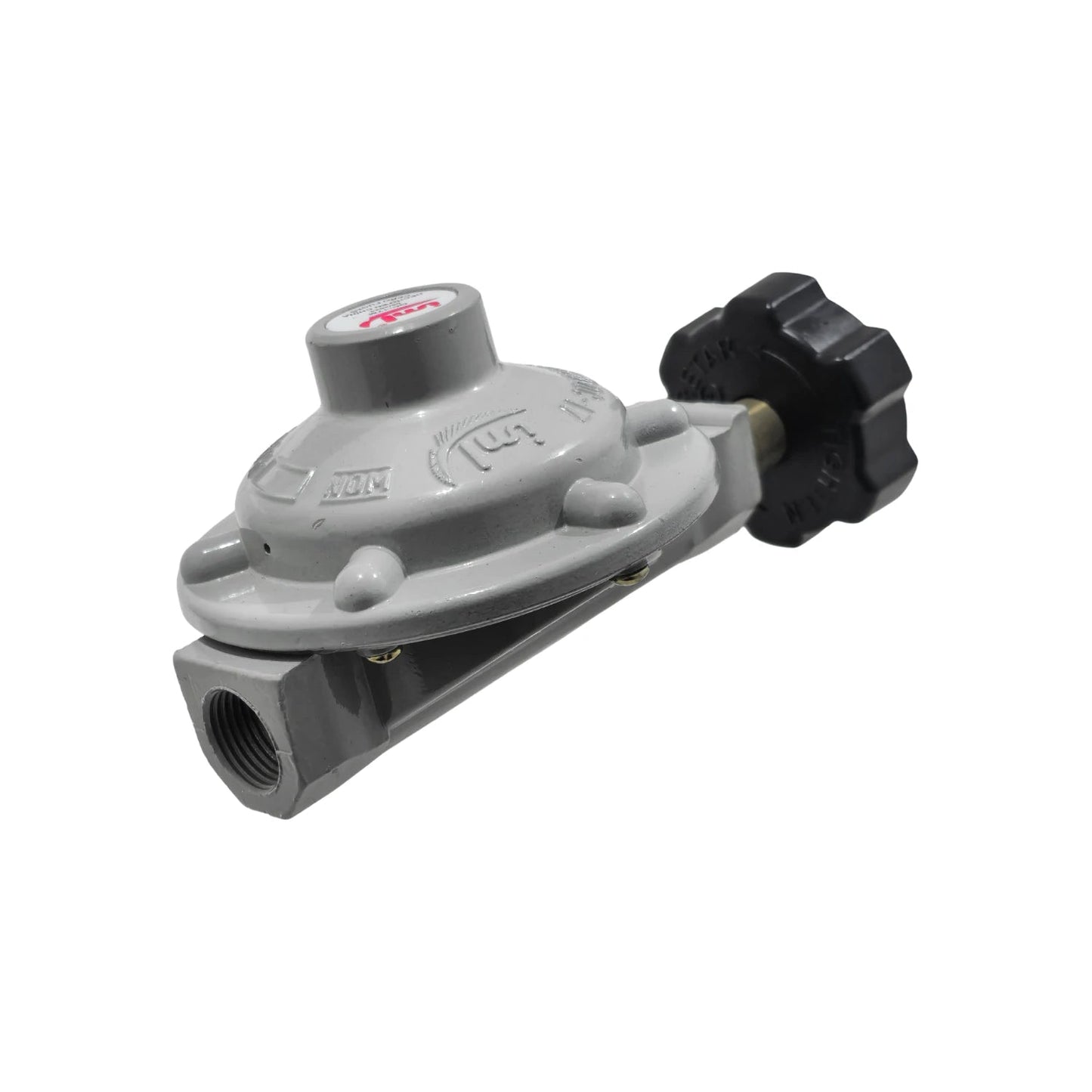 Regulador de gas gris con maneral negro, punta bronce y rosca QC17M para tanques de gas