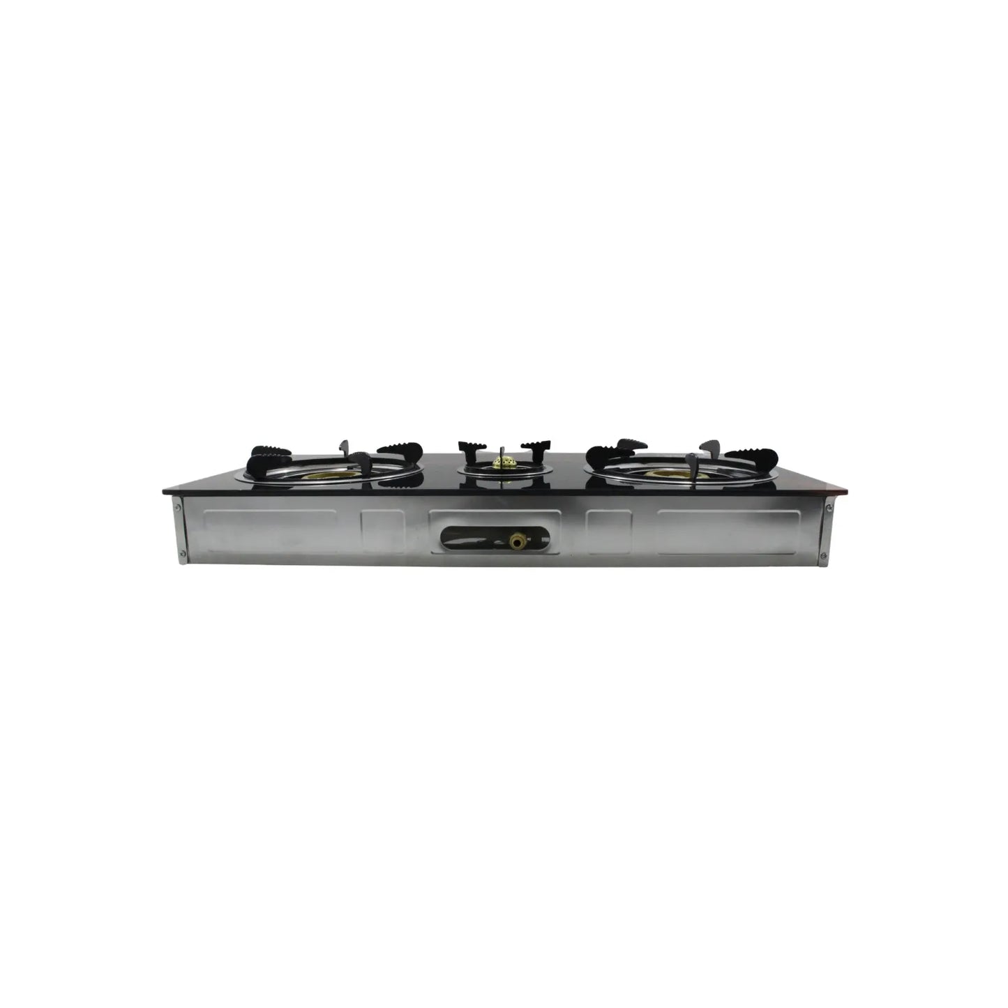 Estufa de gas de 3 quemadores con cubierta de vidrio templado negro y base de acero inoxidable para cocina