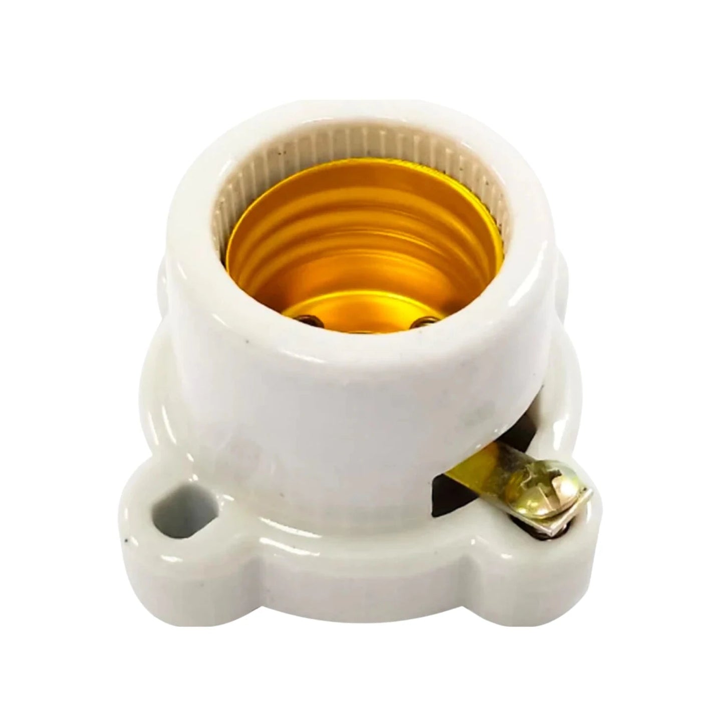 Socket de porcelana blanco para bombilla E27, base cuadrada de montaje con orificios y terminal lateral.