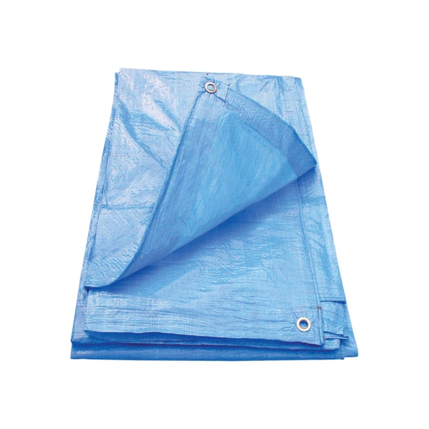 Lona azul ligera de polietileno, plegada con ojales, ideal para cubrir y proteger en exteriores.