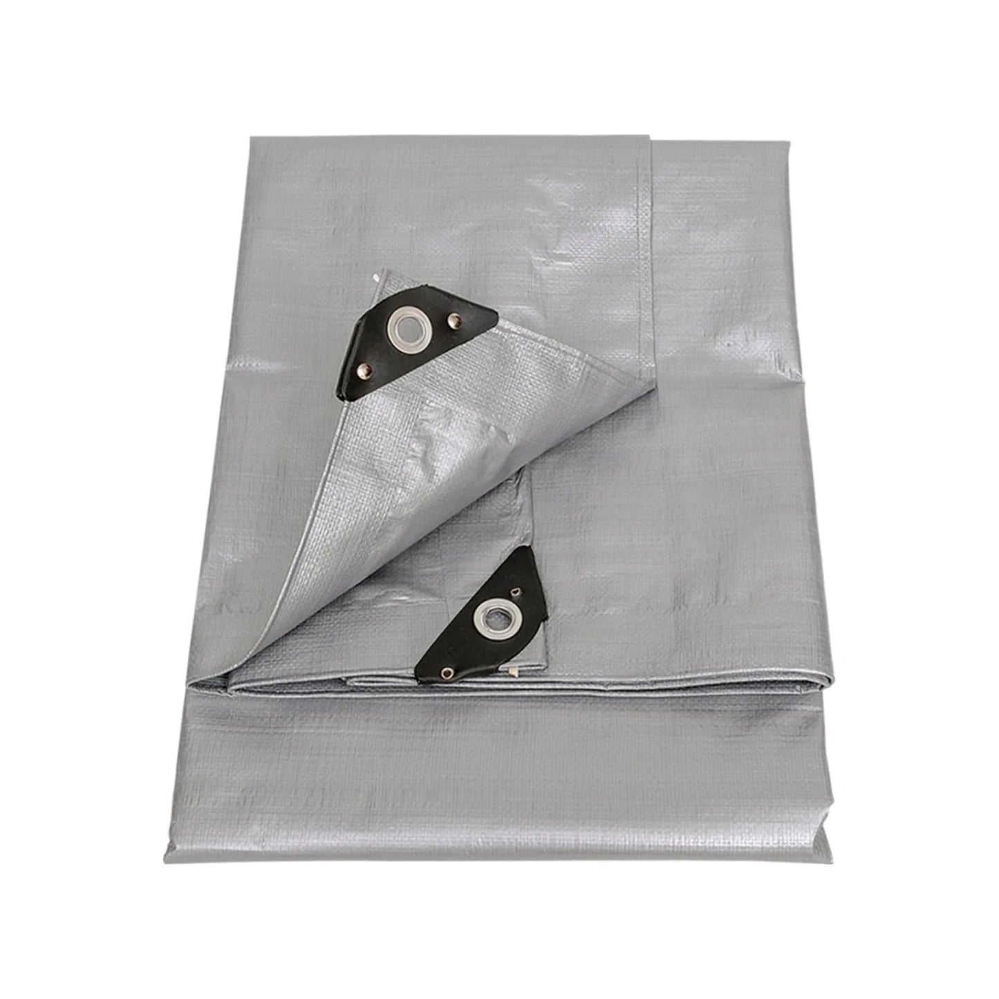 Lona gris grande de uso rudo con argollas, ideal para protección impermeable y resistente en exteriores.