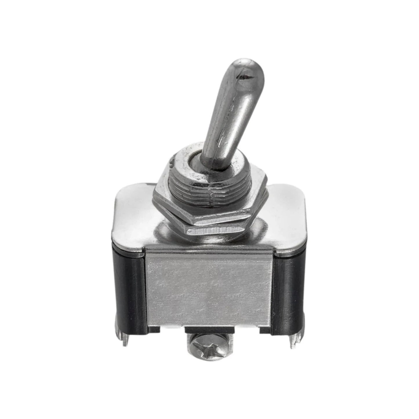 Interruptor de palanca metálico con tres terminales, acabado cromado para aplicaciones eléctricas.