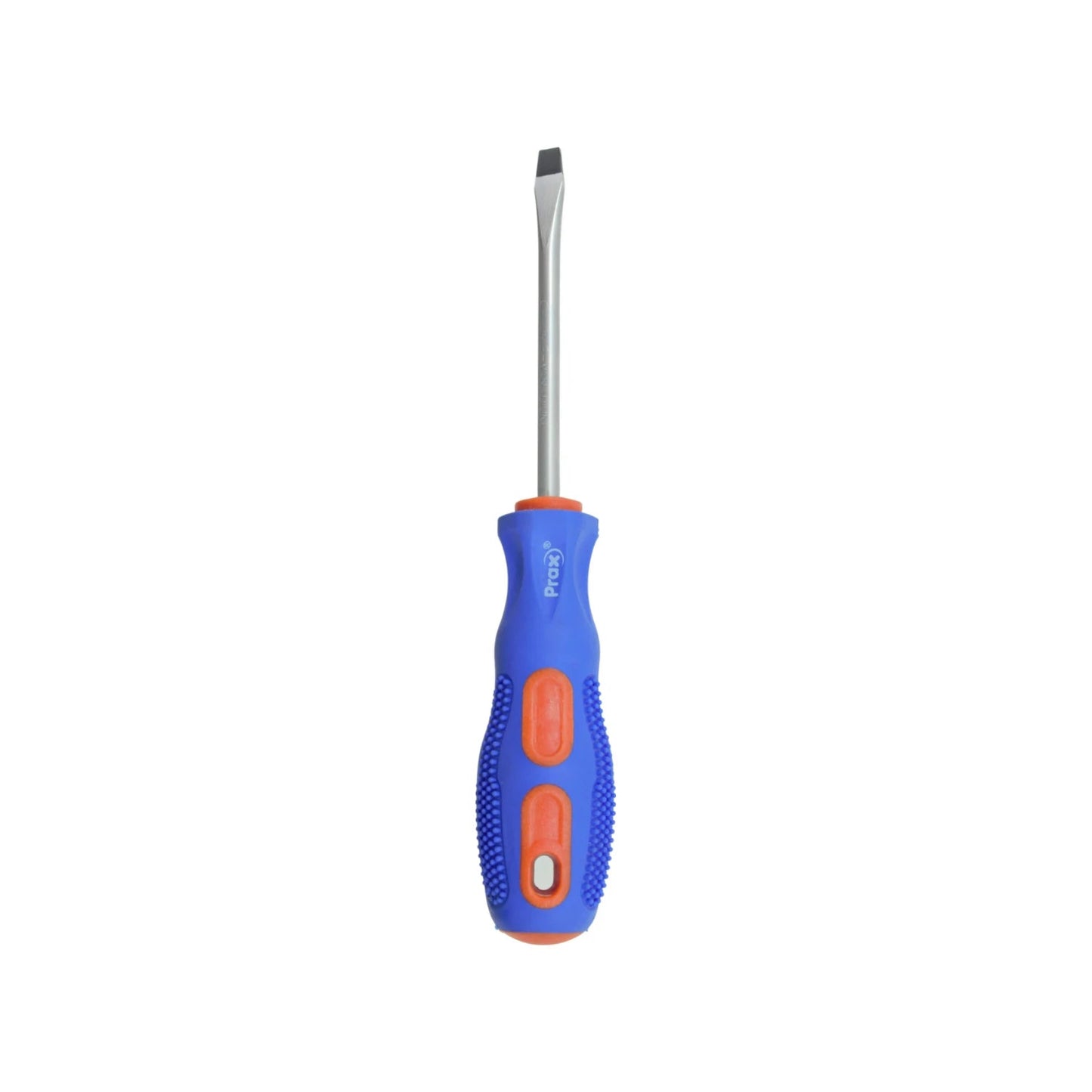 Desarmador plano Prax con mango ergonómico azul y naranja punta de acero resistente