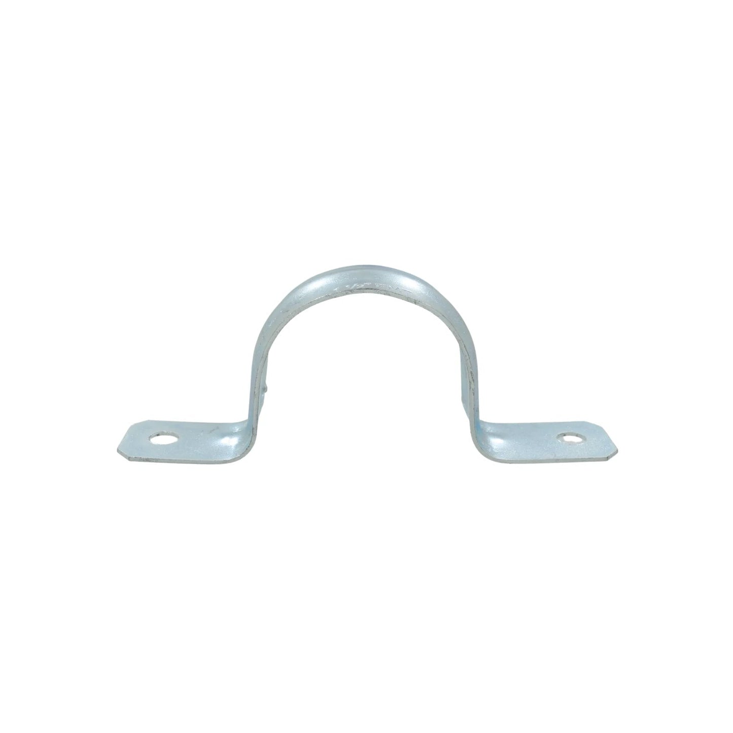 Abrazadera omega metálica de 1 1/2 pulgada para fijación de tuberías, con dos orificios, acabado galvanizado.
