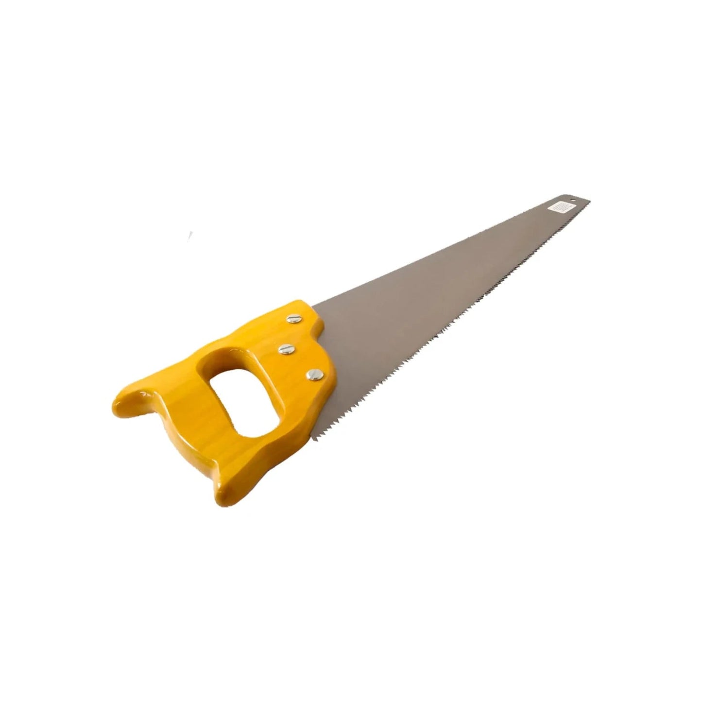 Serrote de mano para corte de madera con mango ergonómico amarillo y hoja dentada de acero