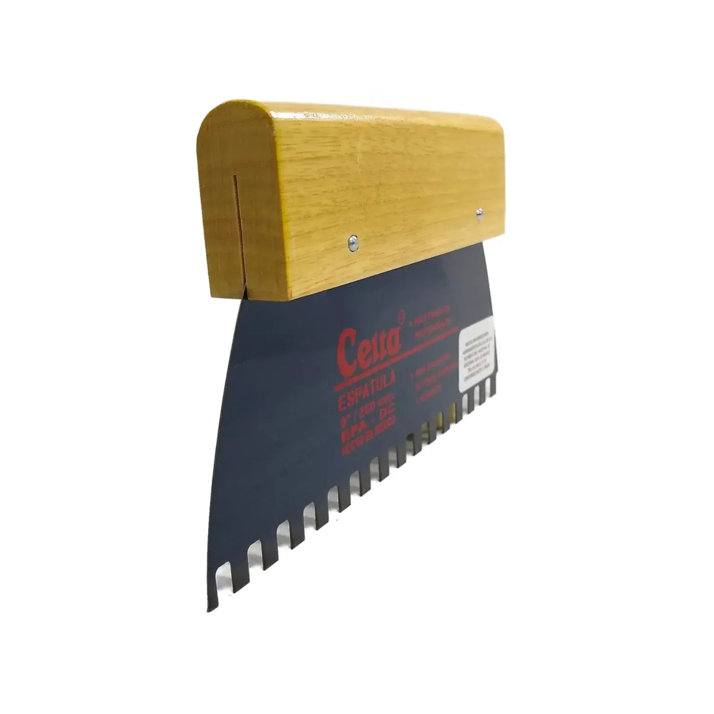 Espátula dentada Celta de 8 pulgadas (200 mm) con hoja de acero y mango de madera para aplicación de adhesivos y pegamentos