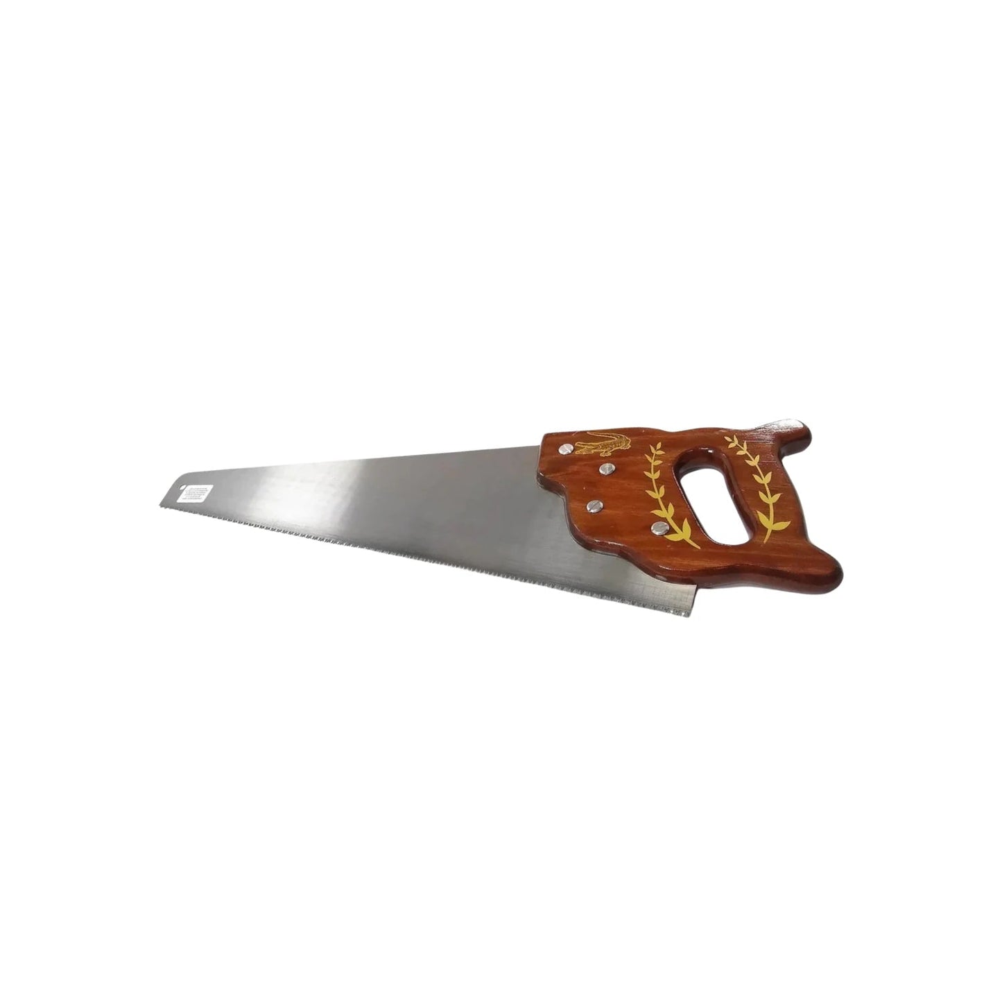 Serrote de mano para madera, mango de madera con logo de caimán dorado y diseño de hojas.