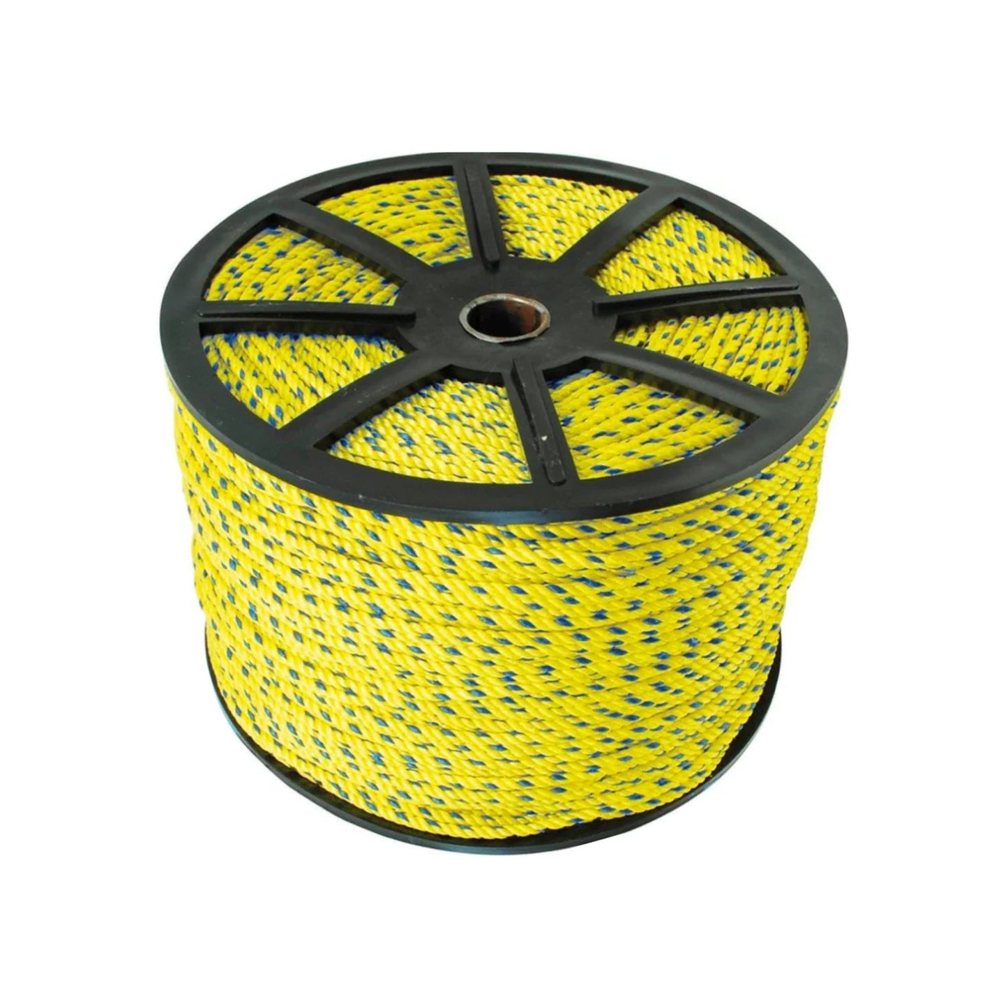Cuerda de polipropileno 5/16" amarilla y azul en carrete, ideal para ferretería y usos generales