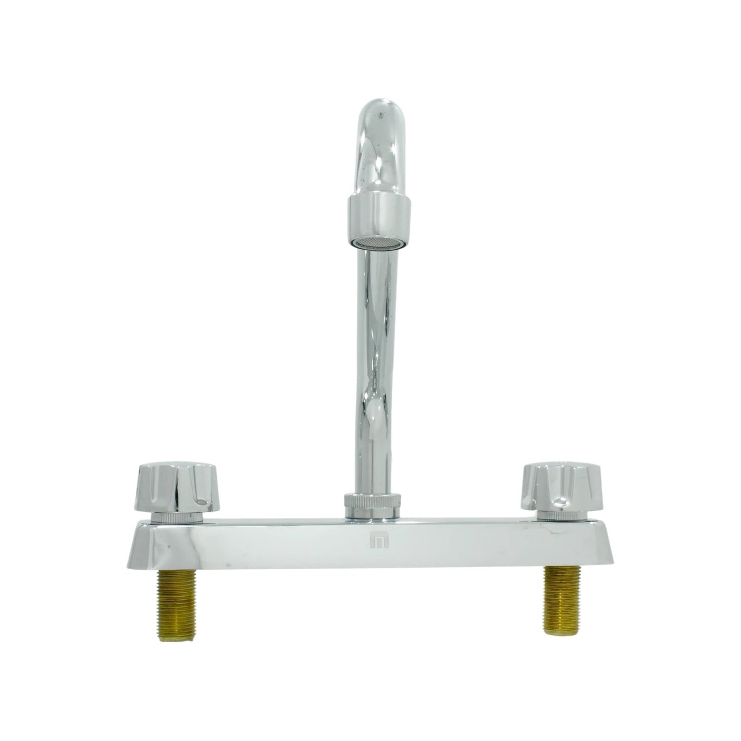 Mezcladora de fregadero para cocina con doble maneral, acabado cromado brillante, cuello alto y dos llaves.