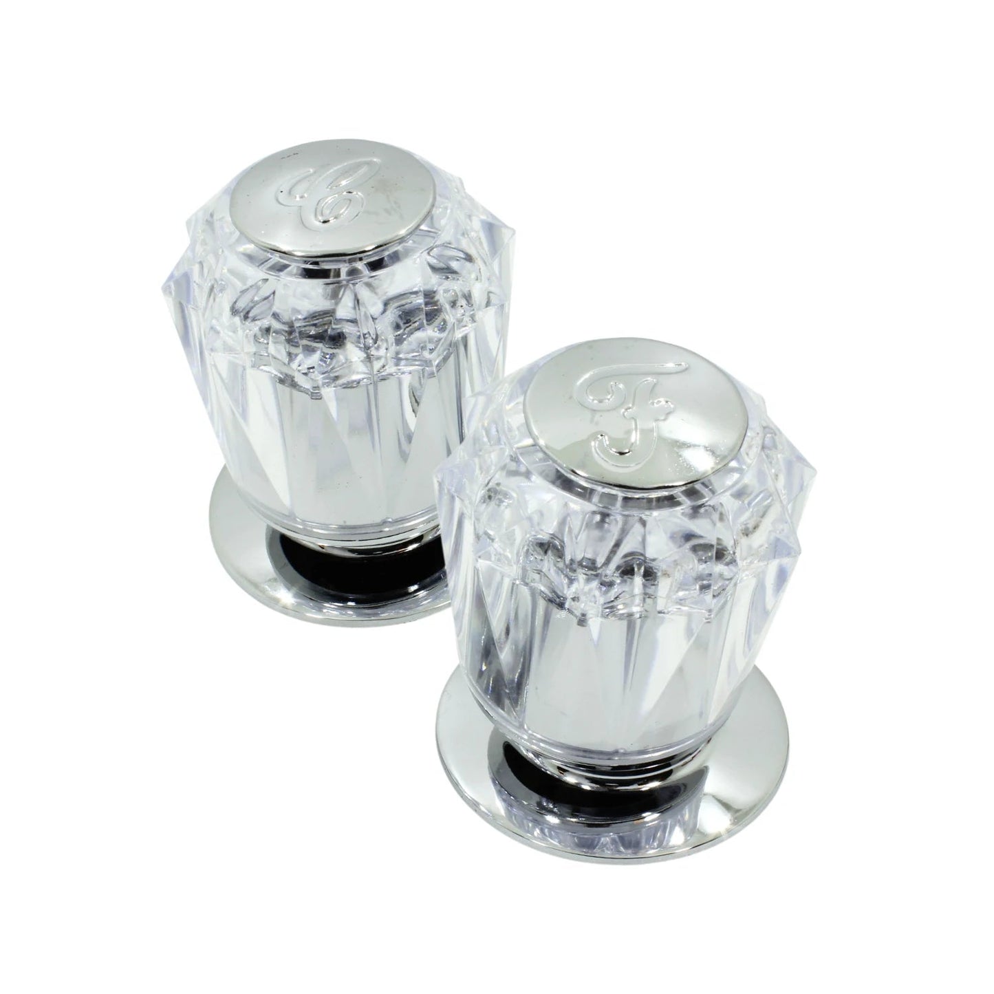 Par de manerales acrílico cristal para regadera, con detalles cromados e indicadores C y F para agua fría y caliente.