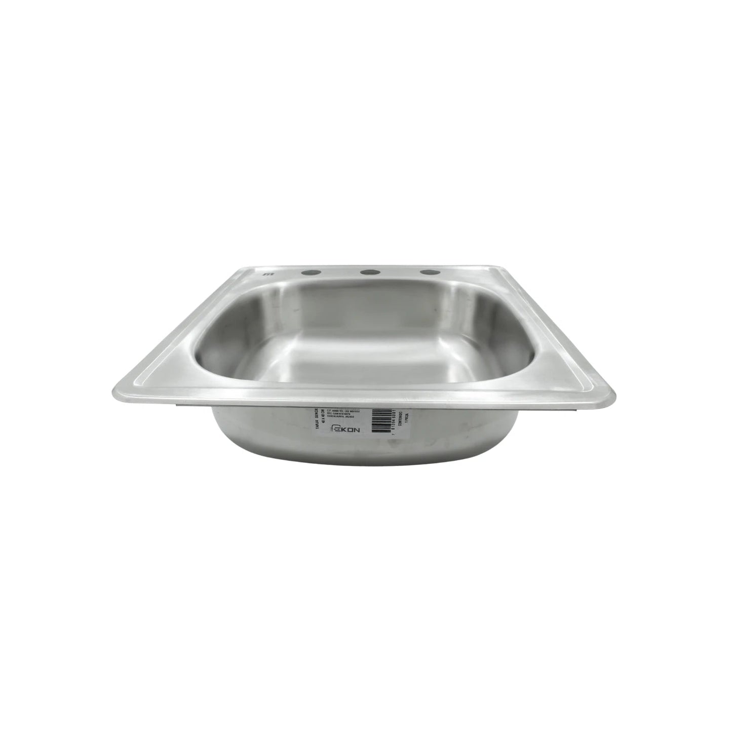 Tarja de acero inoxidable Ekon 48x48 cm con 3 orificios para grifería, ideal para cocina o lavandería